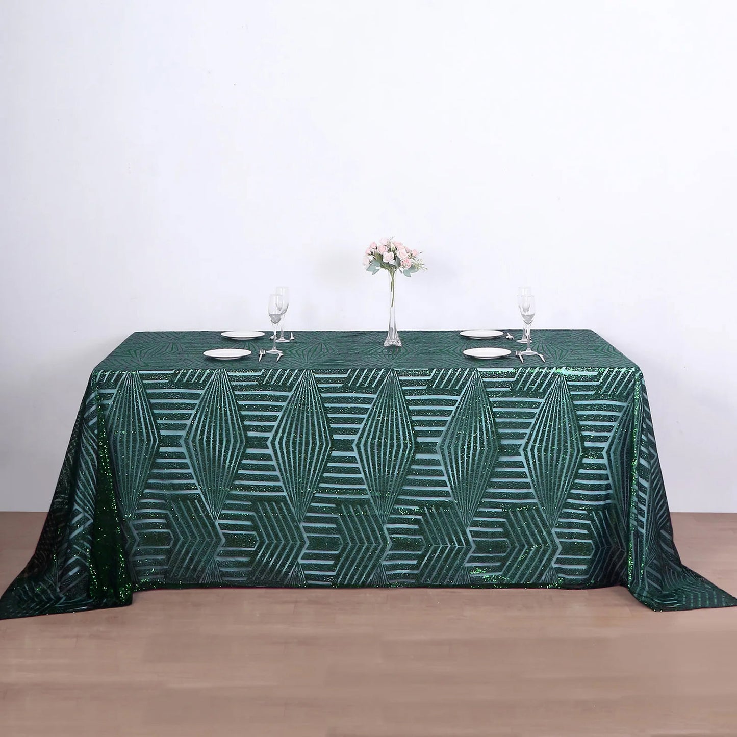 Emerald green sequin rectangular tablecloth, 90"x132" size.