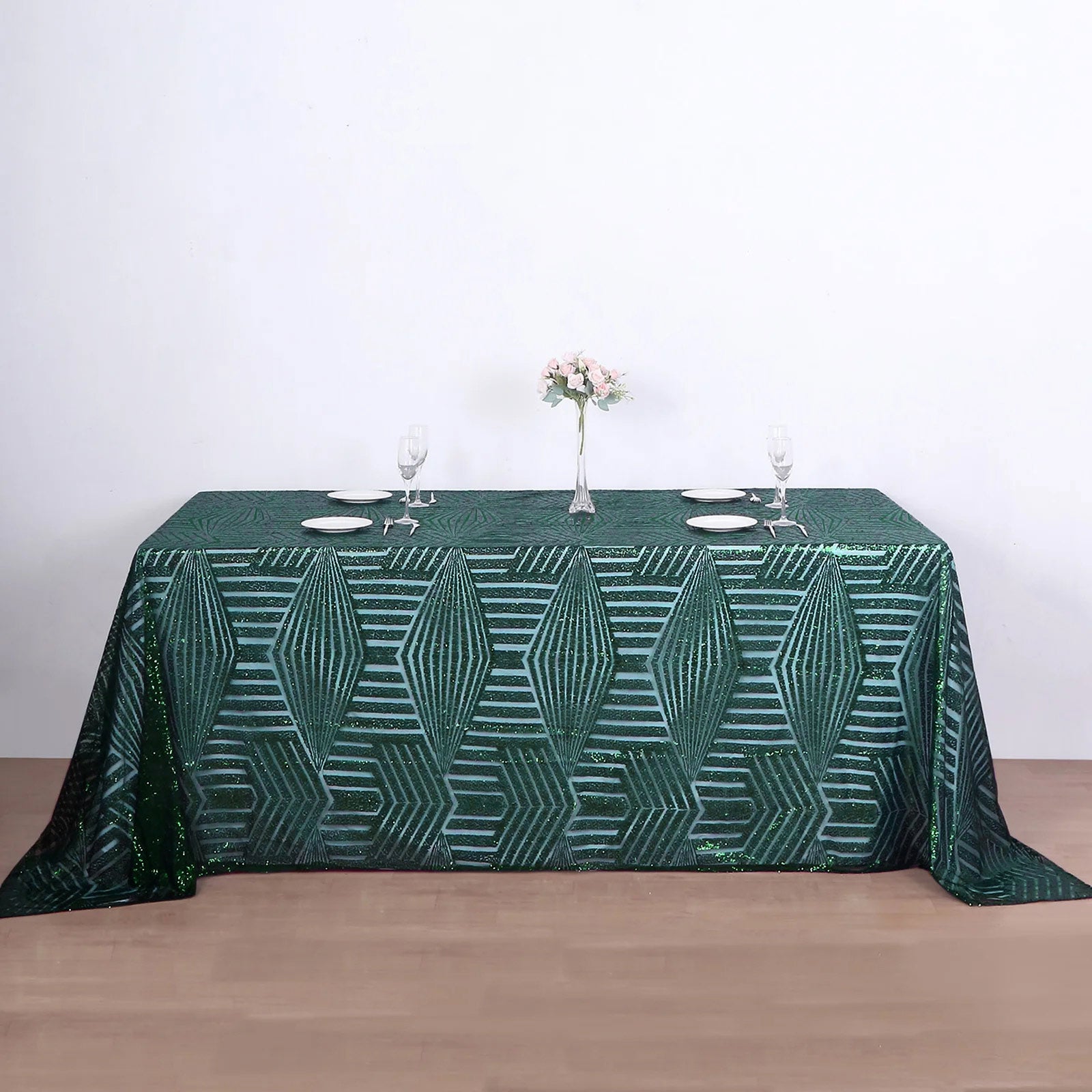 Emerald green sequin rectangular tablecloth, 90"x132" size.