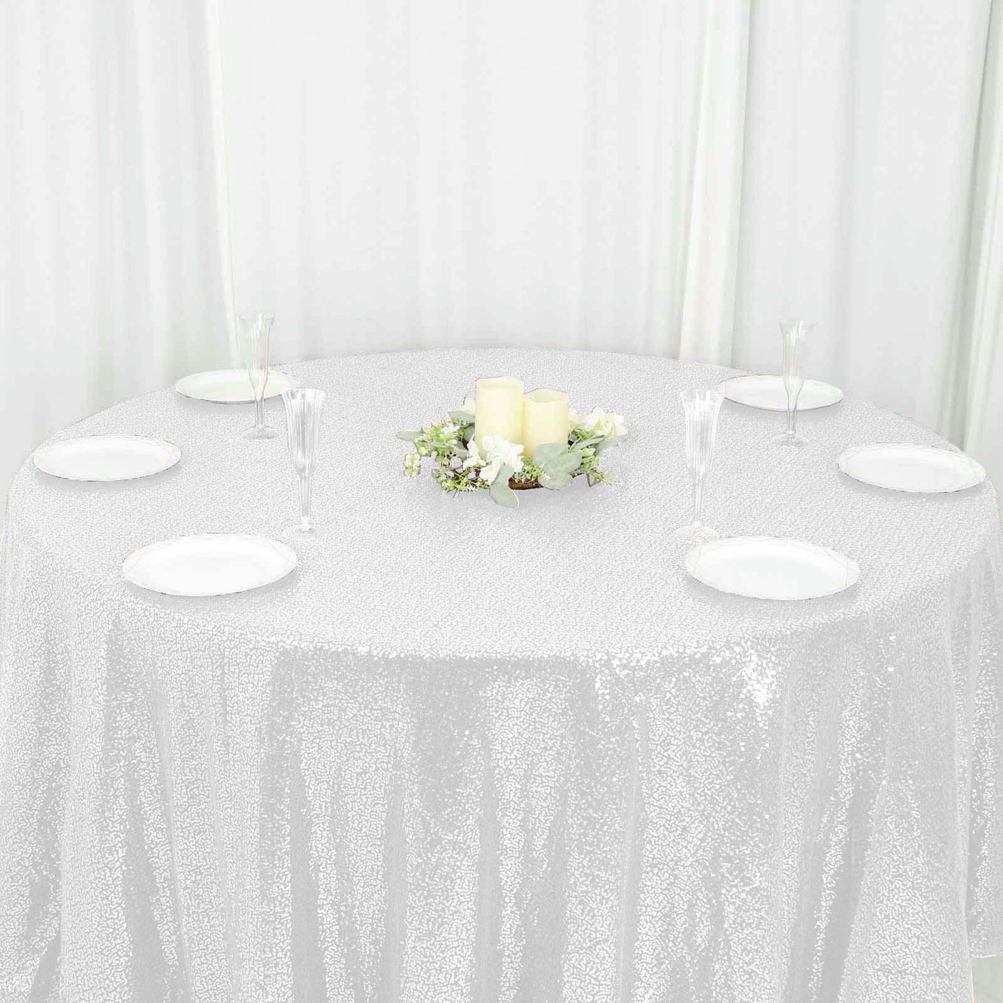 120" White Seamless Sequin Round Tablecloth