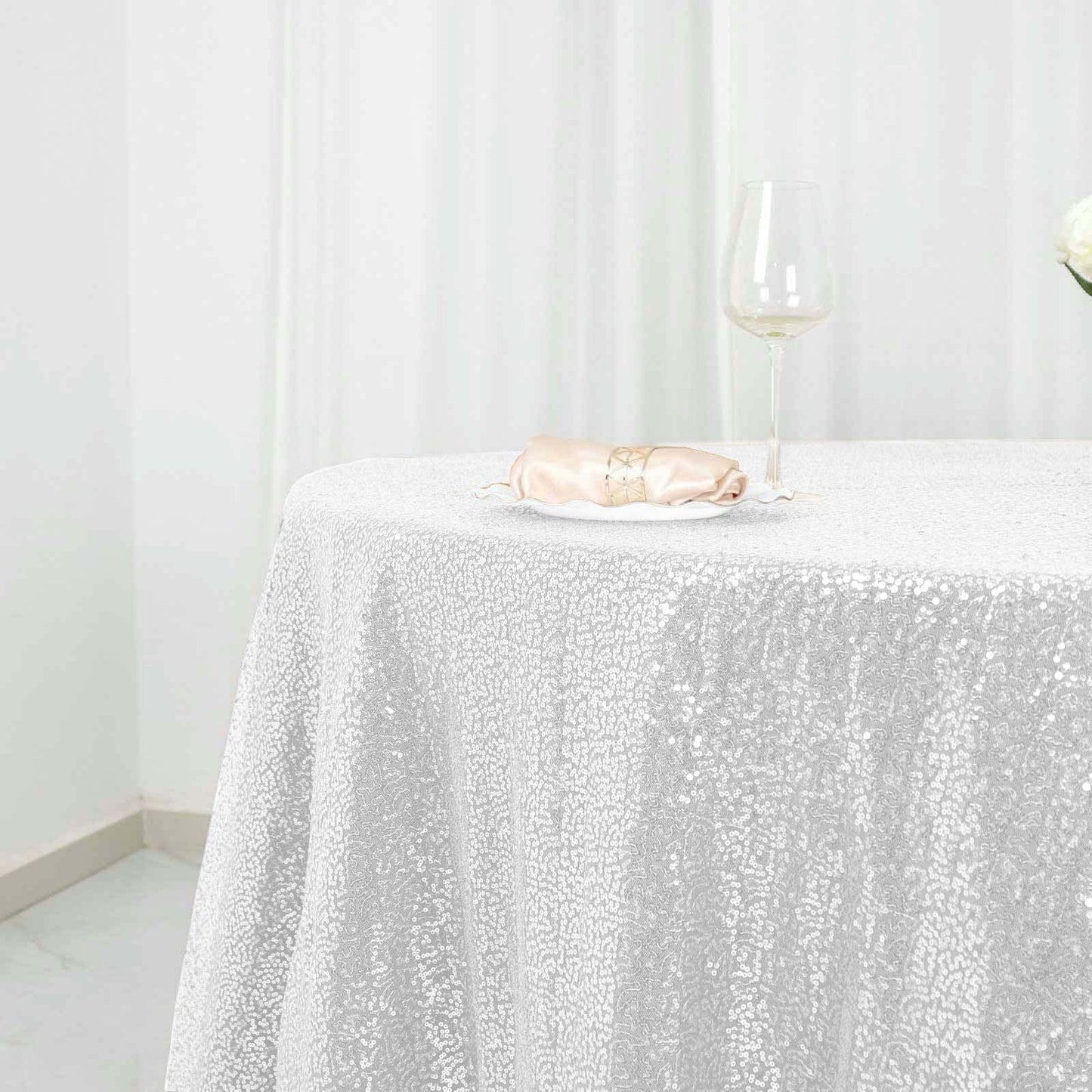 120" White Seamless Sequin Round Tablecloth