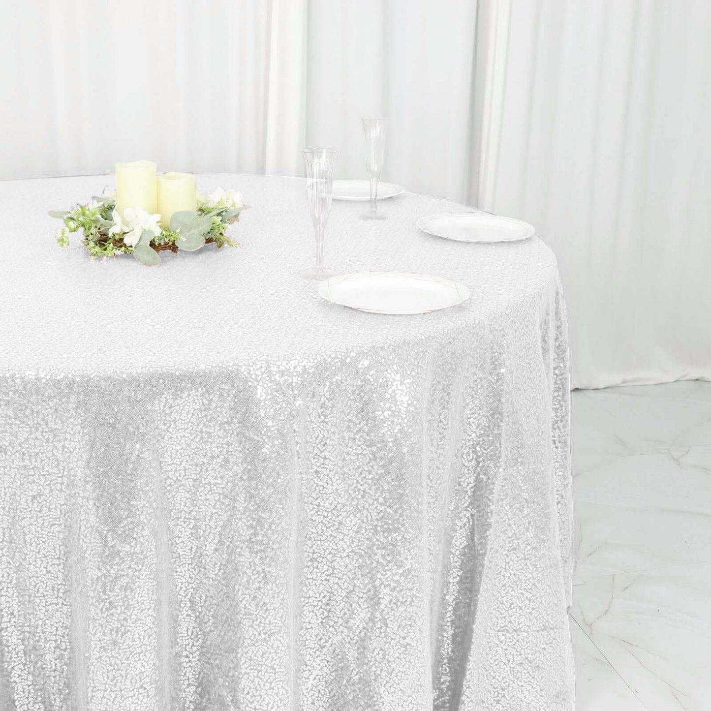 120" White Seamless Sequin Round Tablecloth
