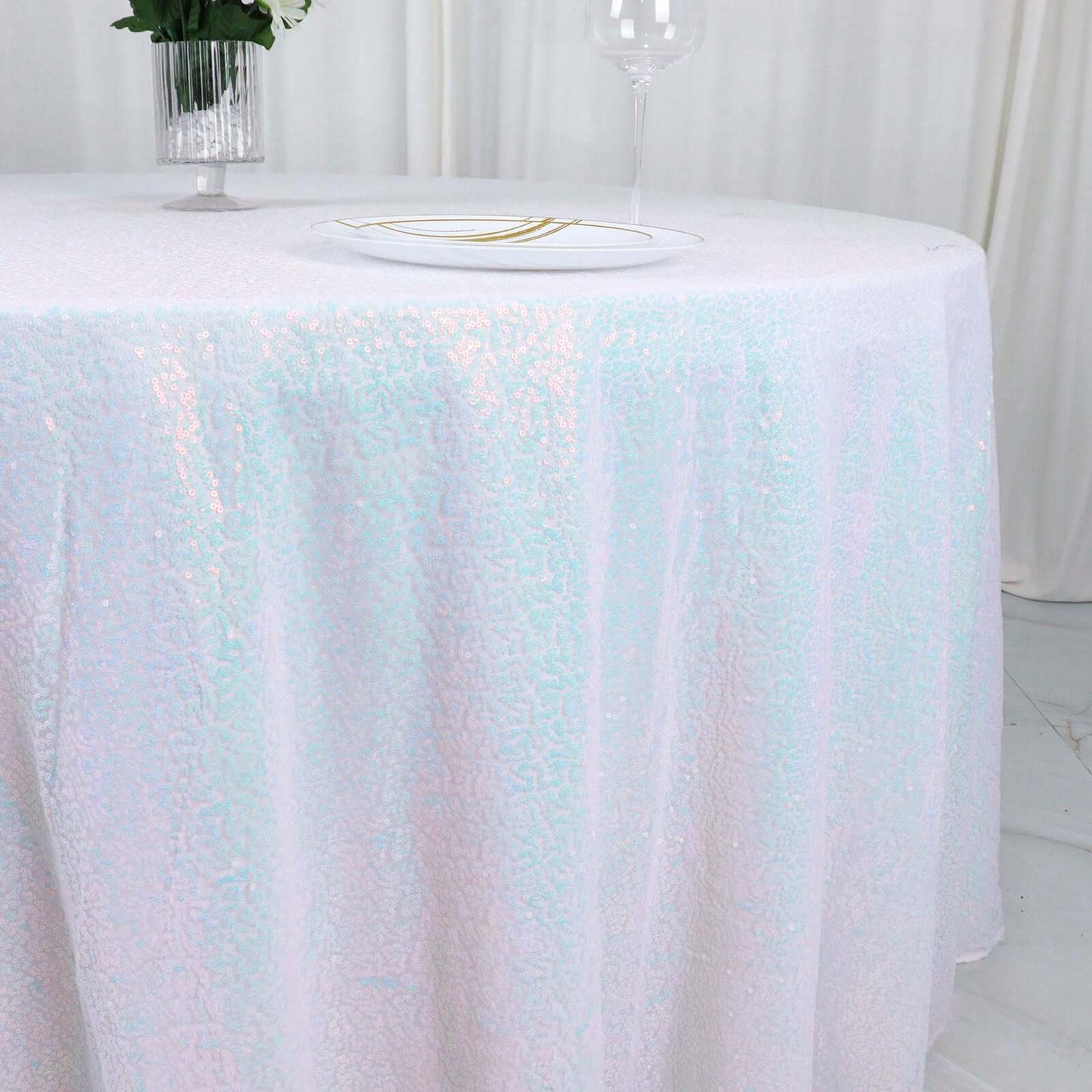 Premium Iridescent Blue Sequin Tablecloth 132 Inch Round