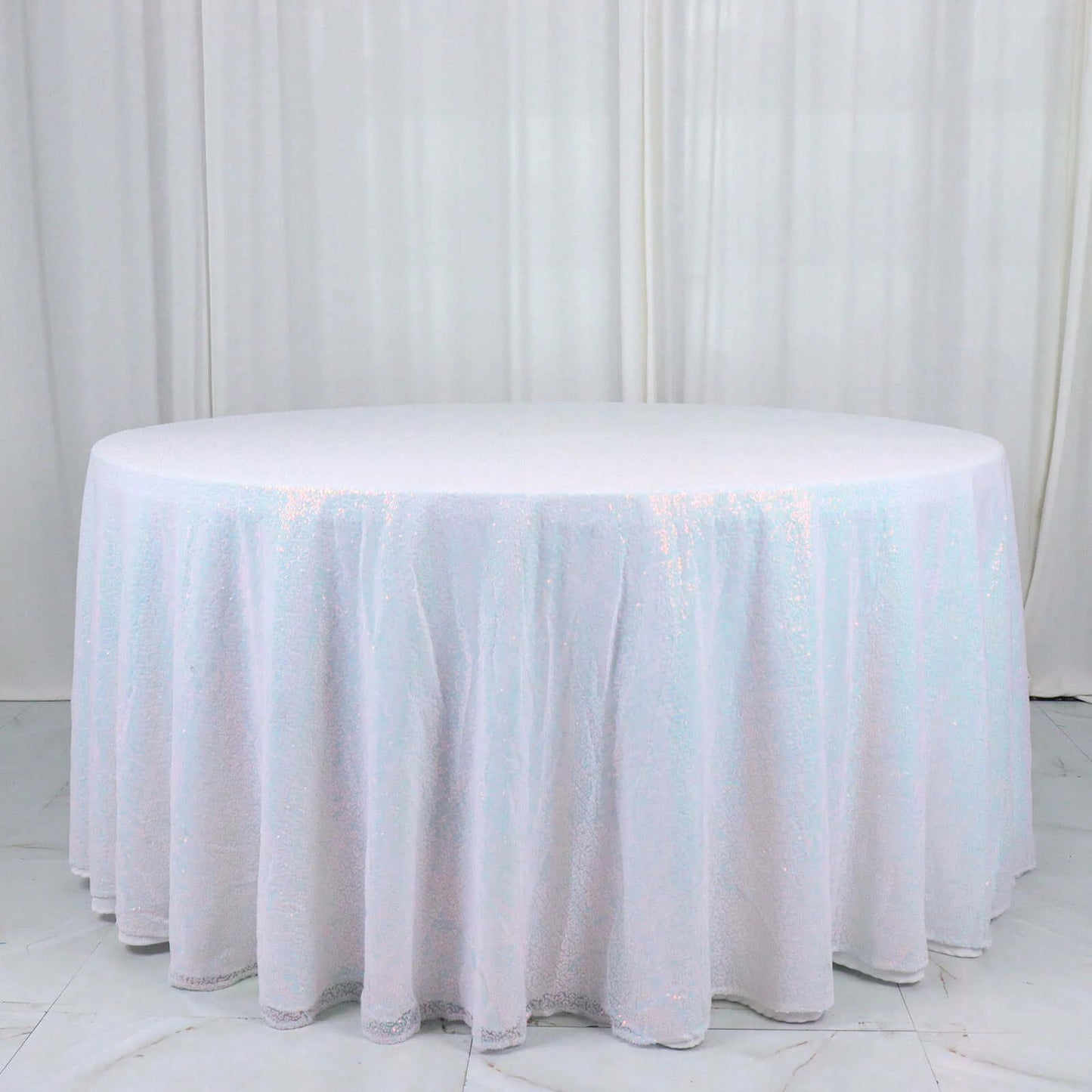 132" Iridescent Blue Seamless Sequin Round Tablecloth, Sparkly Tablecloth
