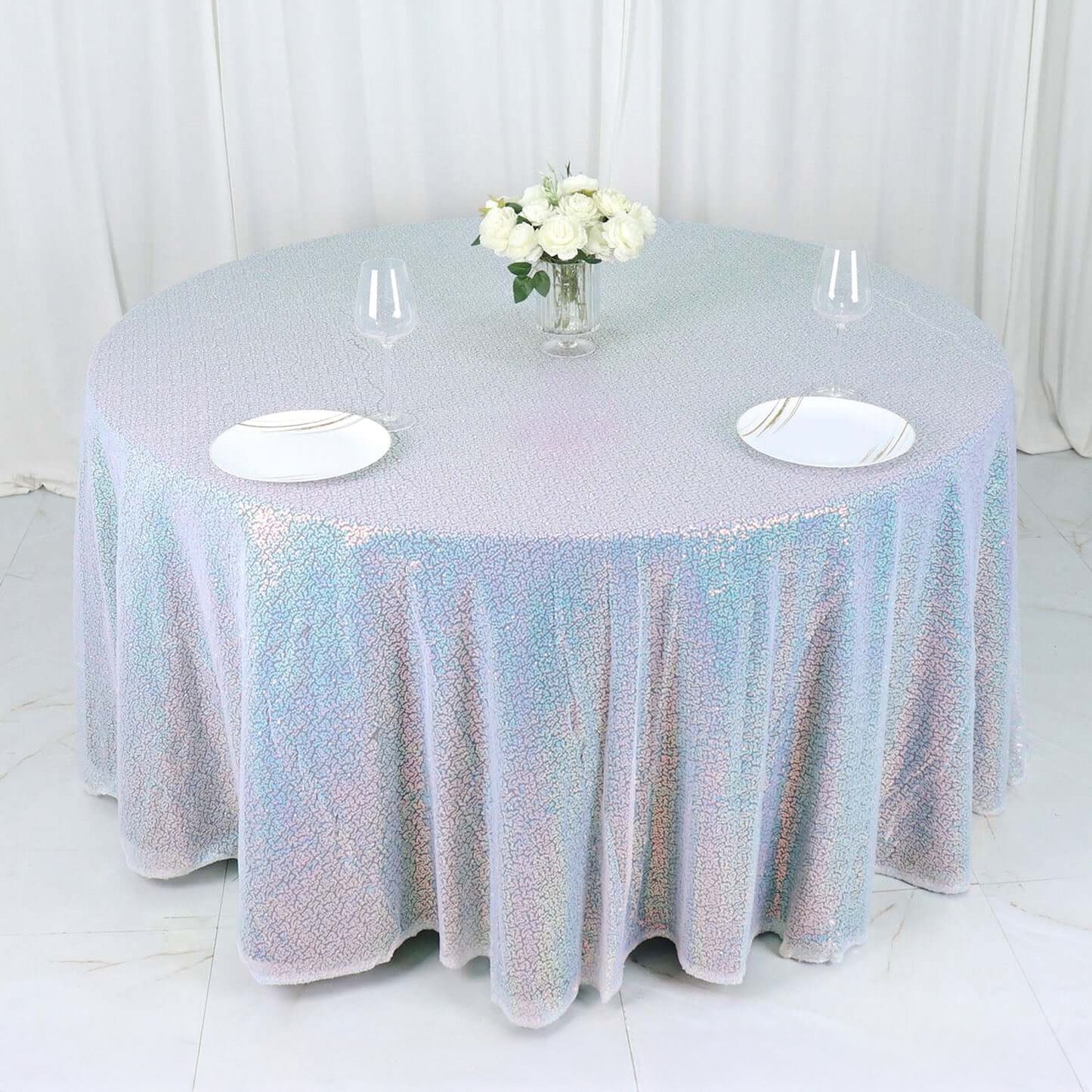 132 Inch Round Sequin Tablecloth Premium Iridescent Blue