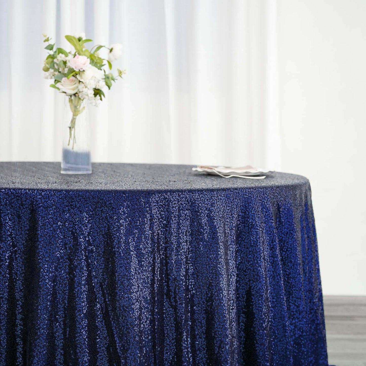 132" Navy Blue Seamless Sequin Round Tablecloth, Sparkly Tablecloth