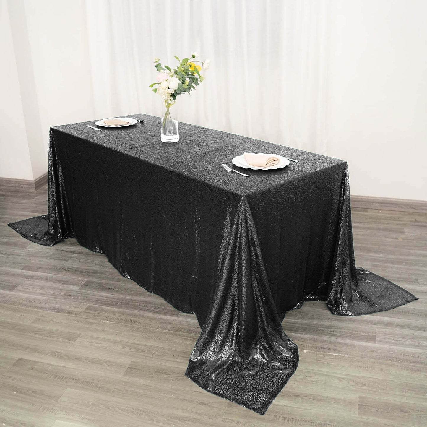 90"x132" Black Seamless Sequin Rectangle Tablecloth