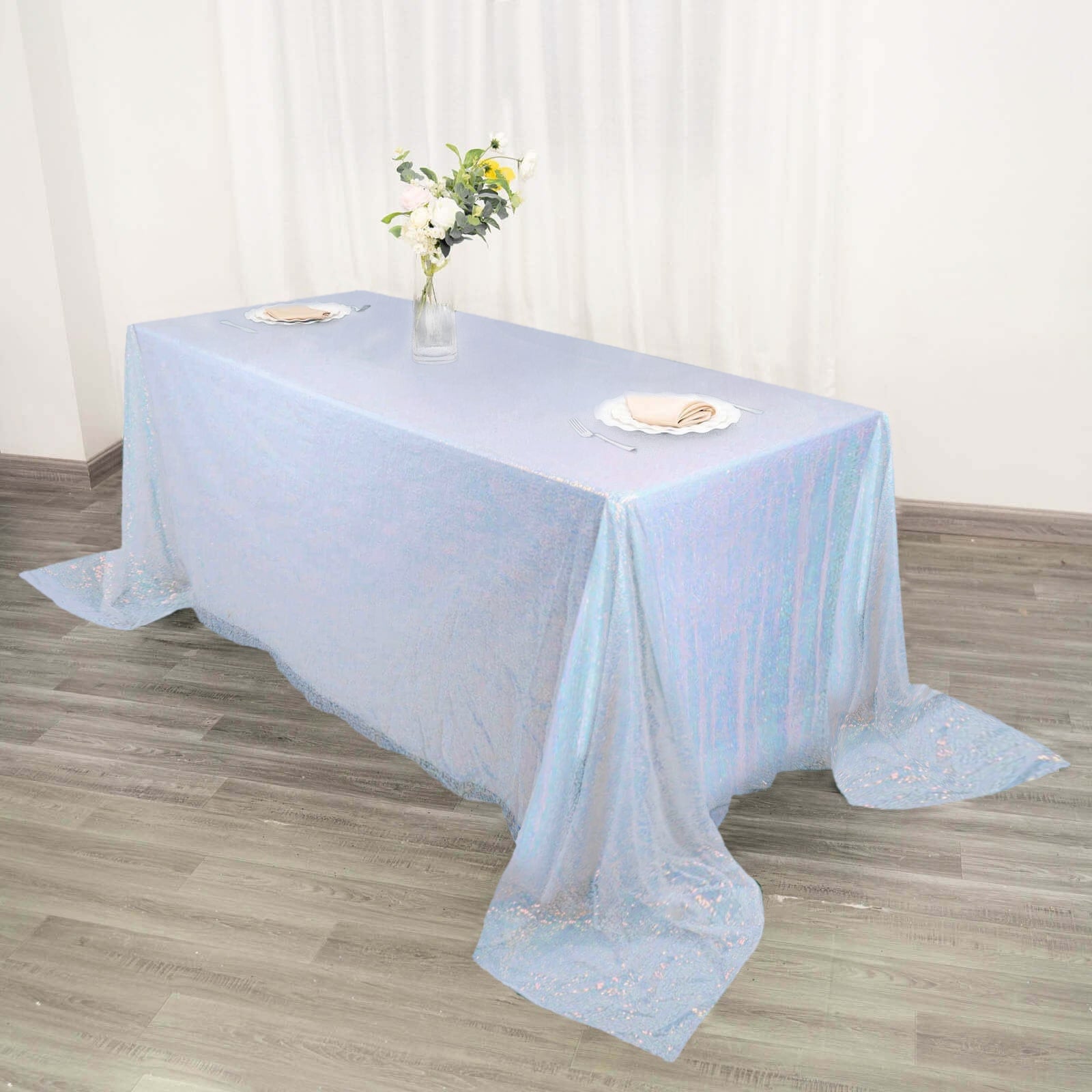 90 Inch x 132 Inch Sequin Rectangle Tablecloth in Iridescent Blue