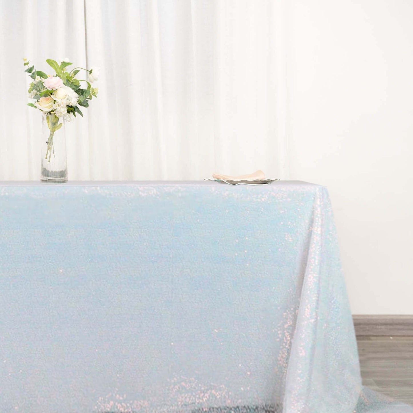 90 Inch x 132 Inch Sequin Rectangle Tablecloth in Iridescent Blue