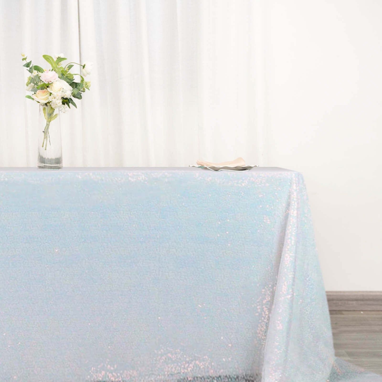 90 Inch x 132 Inch Sequin Rectangle Tablecloth in Iridescent Blue