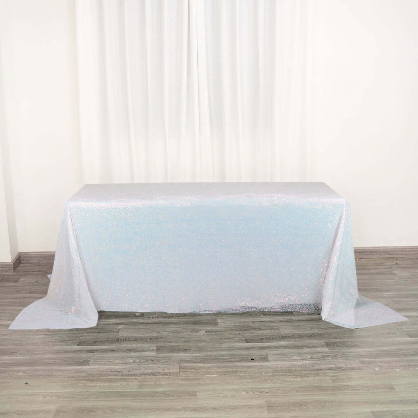 90 Inch x 132 Inch Sequin Rectangle Tablecloth in Iridescent Blue