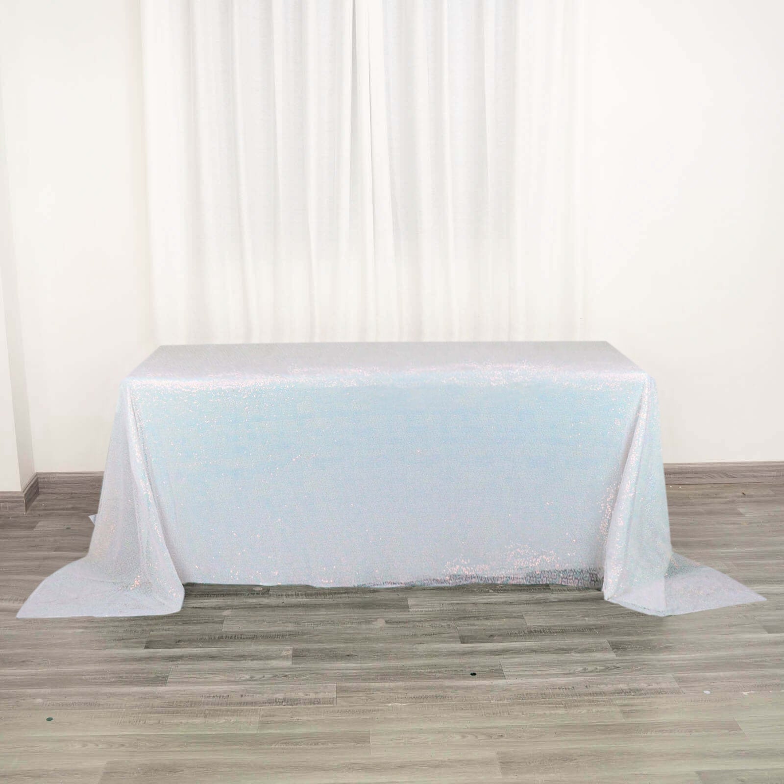 90 Inch x 132 Inch Sequin Rectangle Tablecloth in Iridescent Blue