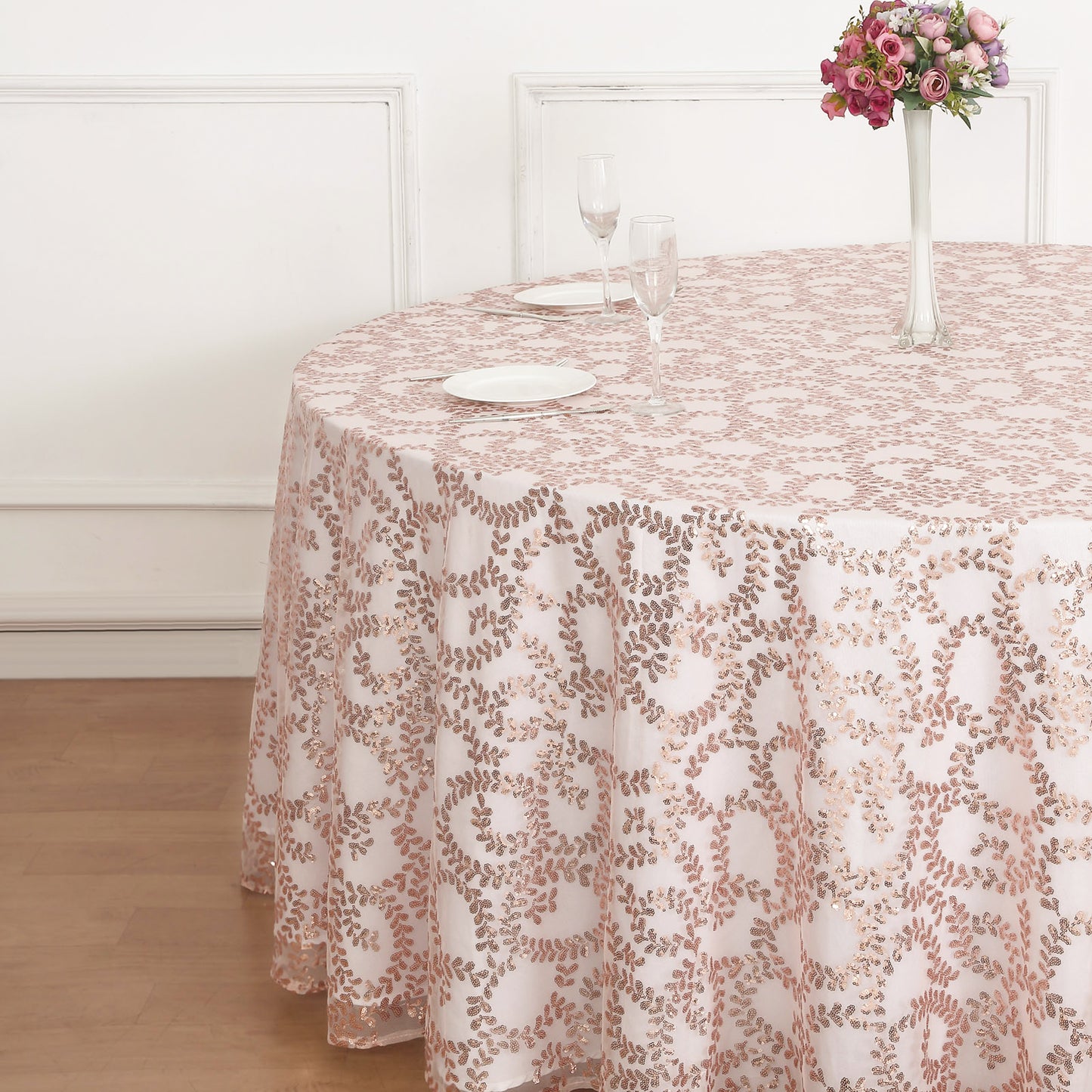 120" Rose Gold Sequin Leaf Embroidered Seamless Tulle Round Tablecloth, Sheer Table Overlay