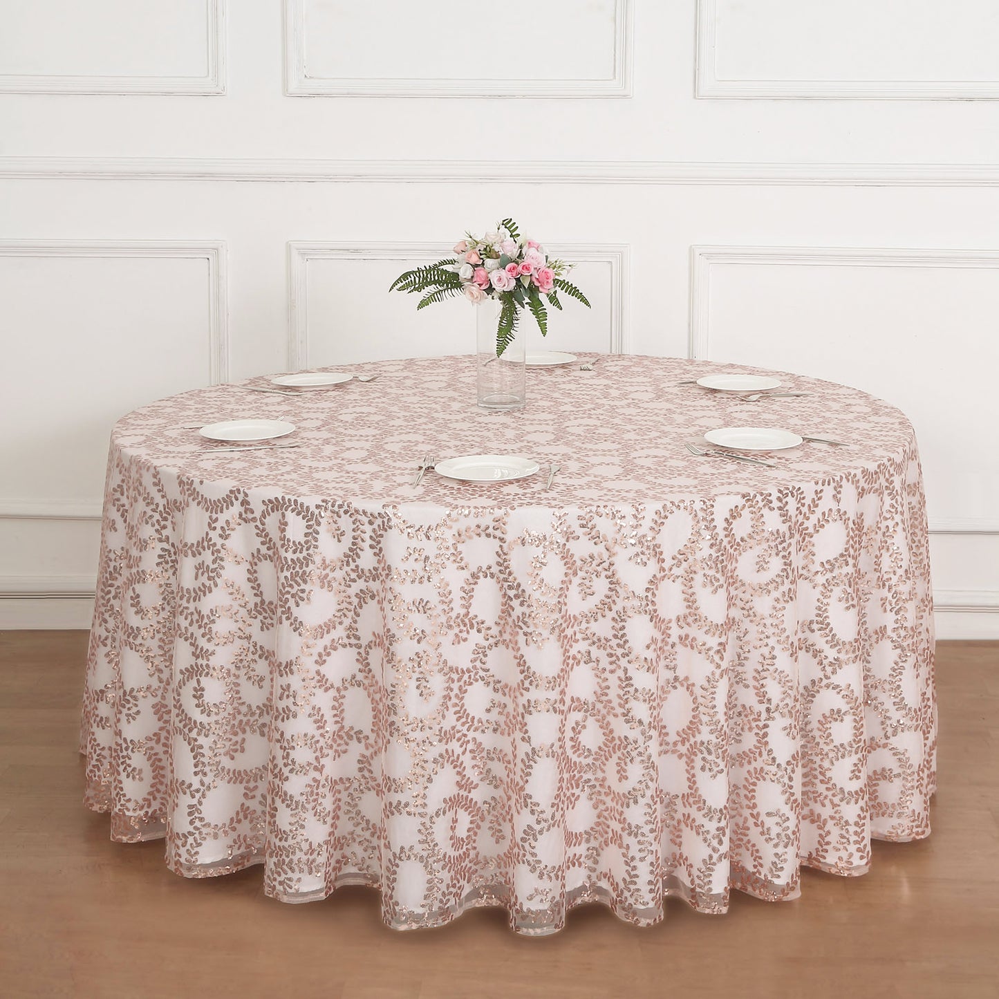 120" Rose Gold Sequin Leaf Embroidered Seamless Tulle Round Tablecloth, Sheer Table Overlay
