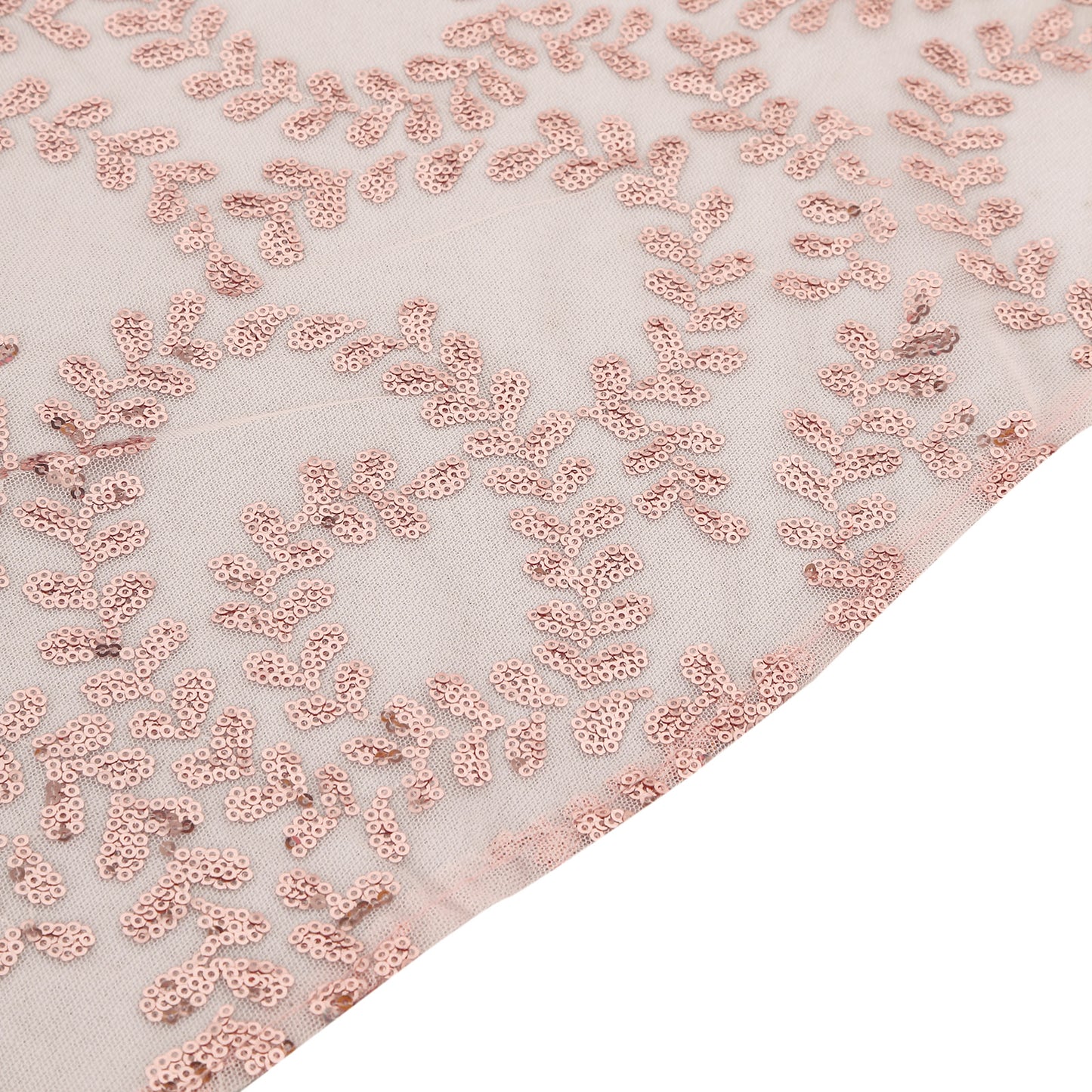 120" Rose Gold Sequin Leaf Embroidered Seamless Tulle Round Tablecloth, Sheer Table Overlay