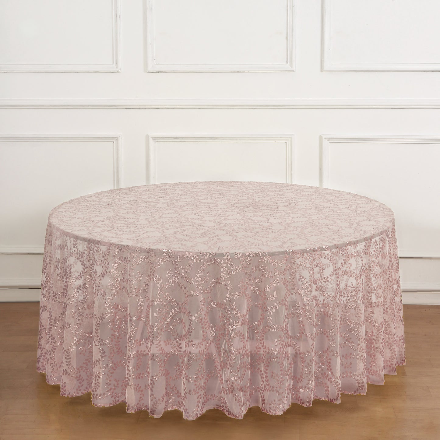 120" Rose Gold Sequin Leaf Embroidered Seamless Tulle Round Tablecloth, Sheer Table Overlay