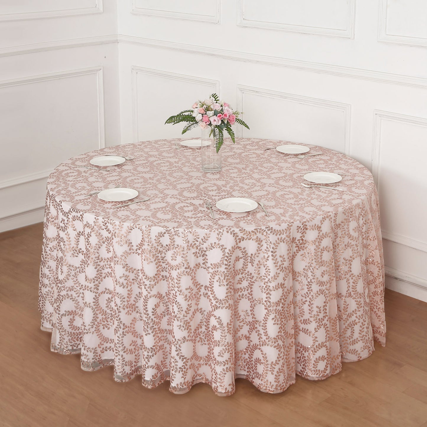 120" Rose Gold Sequin Leaf Embroidered Seamless Tulle Round Tablecloth, Sheer Table Overlay