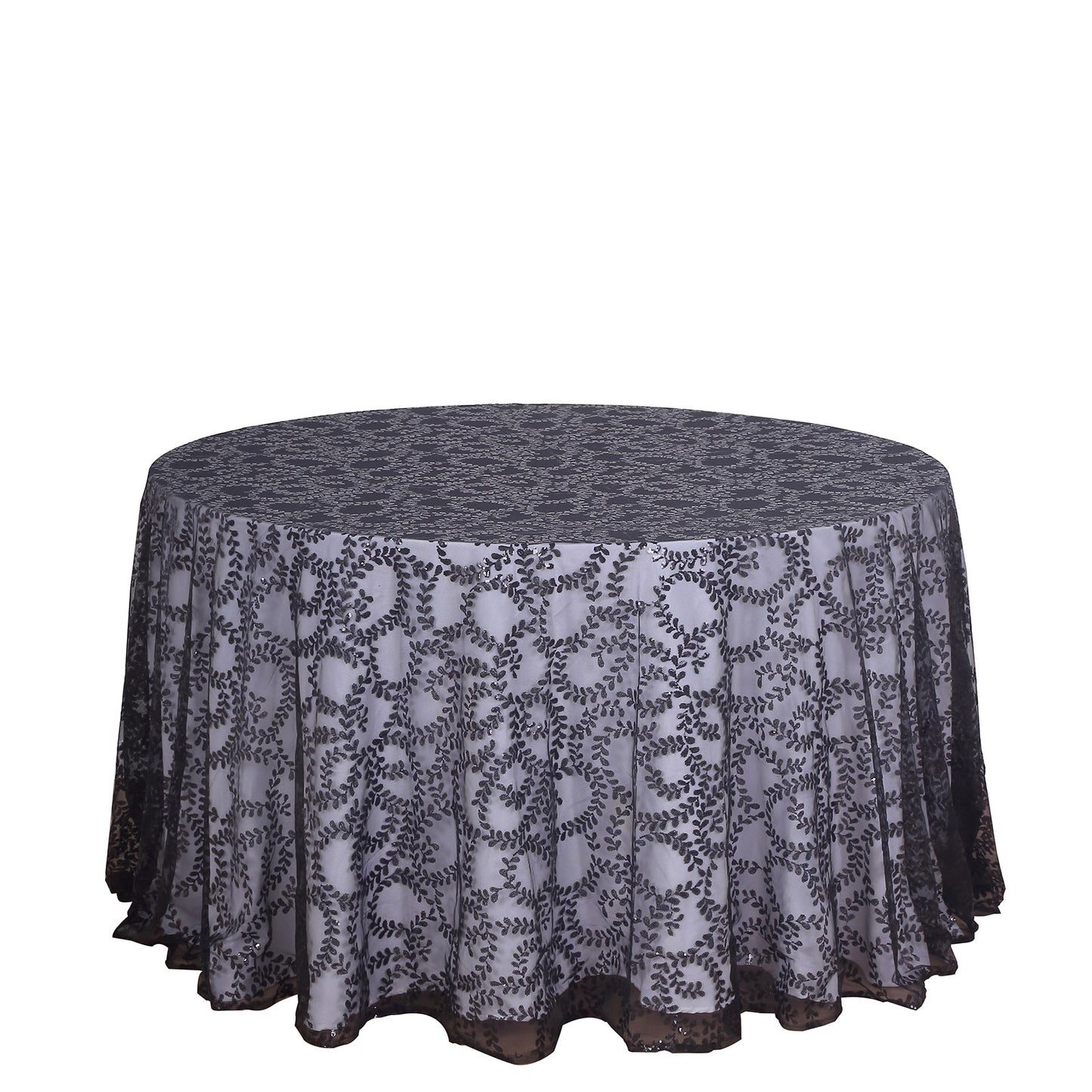120" Black Sequin Leaf Embroidered Seamless Tulle Round Tablecloth, Sheer Table Overlay