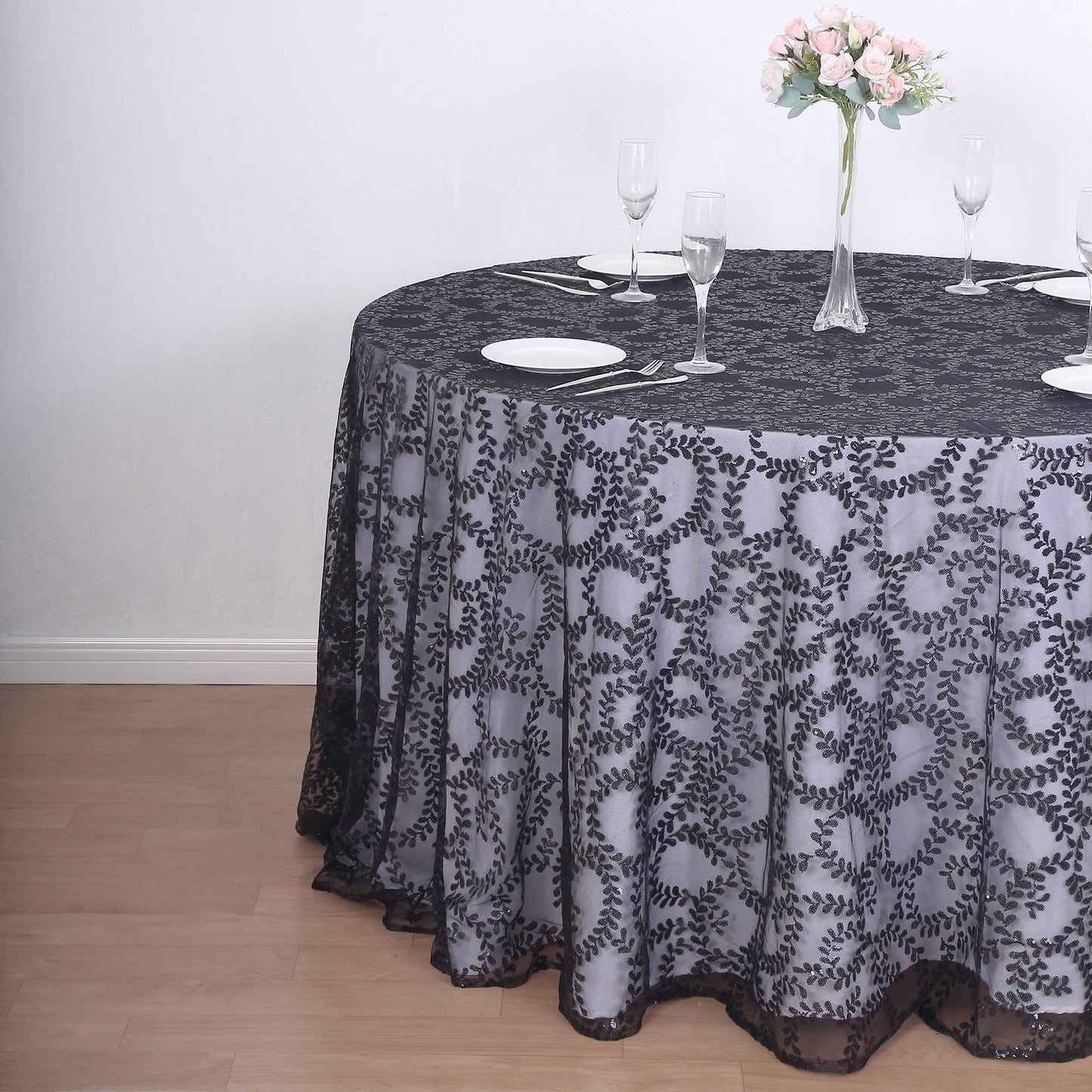 120" Black Sequin Leaf Embroidered Seamless Tulle Round Tablecloth, Sheer Table Overlay