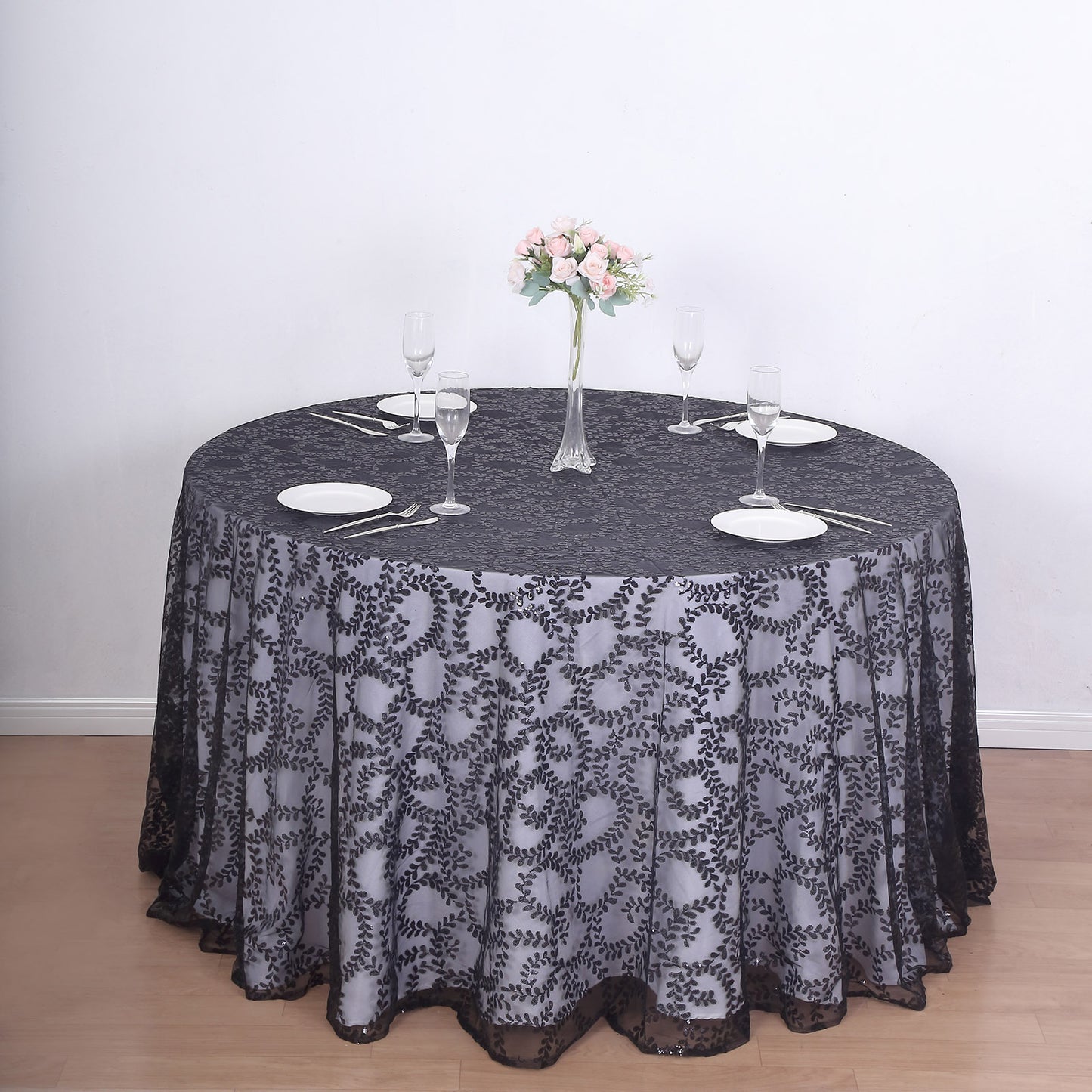 120" Black Sequin Leaf Embroidered Seamless Tulle Round Tablecloth, Sheer Table Overlay