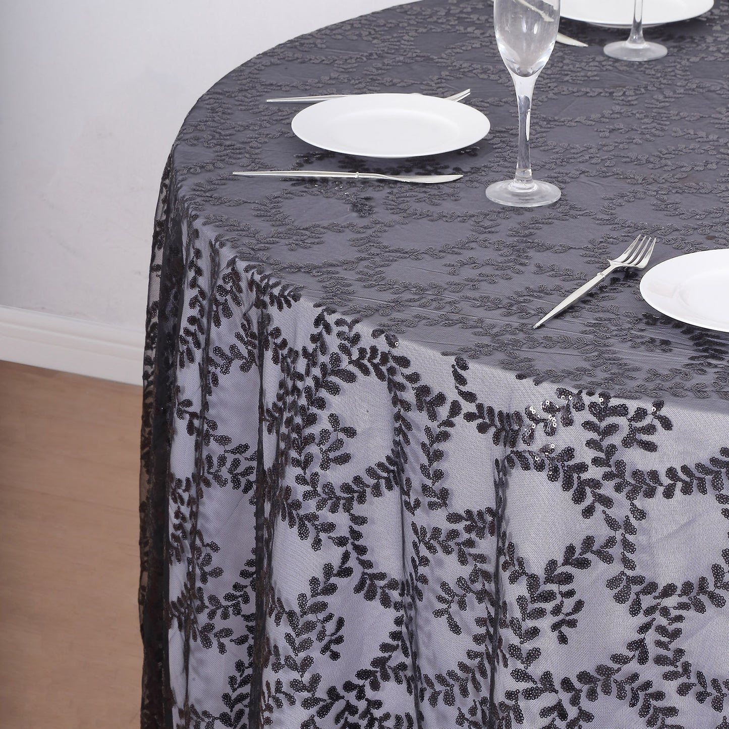 120" Black Sequin Leaf Embroidered Seamless Tulle Round Tablecloth, Sheer Table Overlay