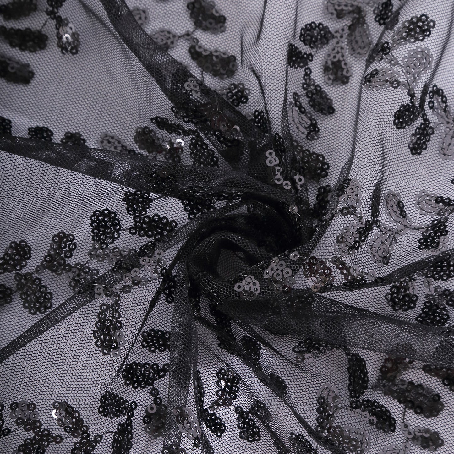 120" Black Sequin Leaf Embroidered Seamless Tulle Round Tablecloth, Sheer Table Overlay