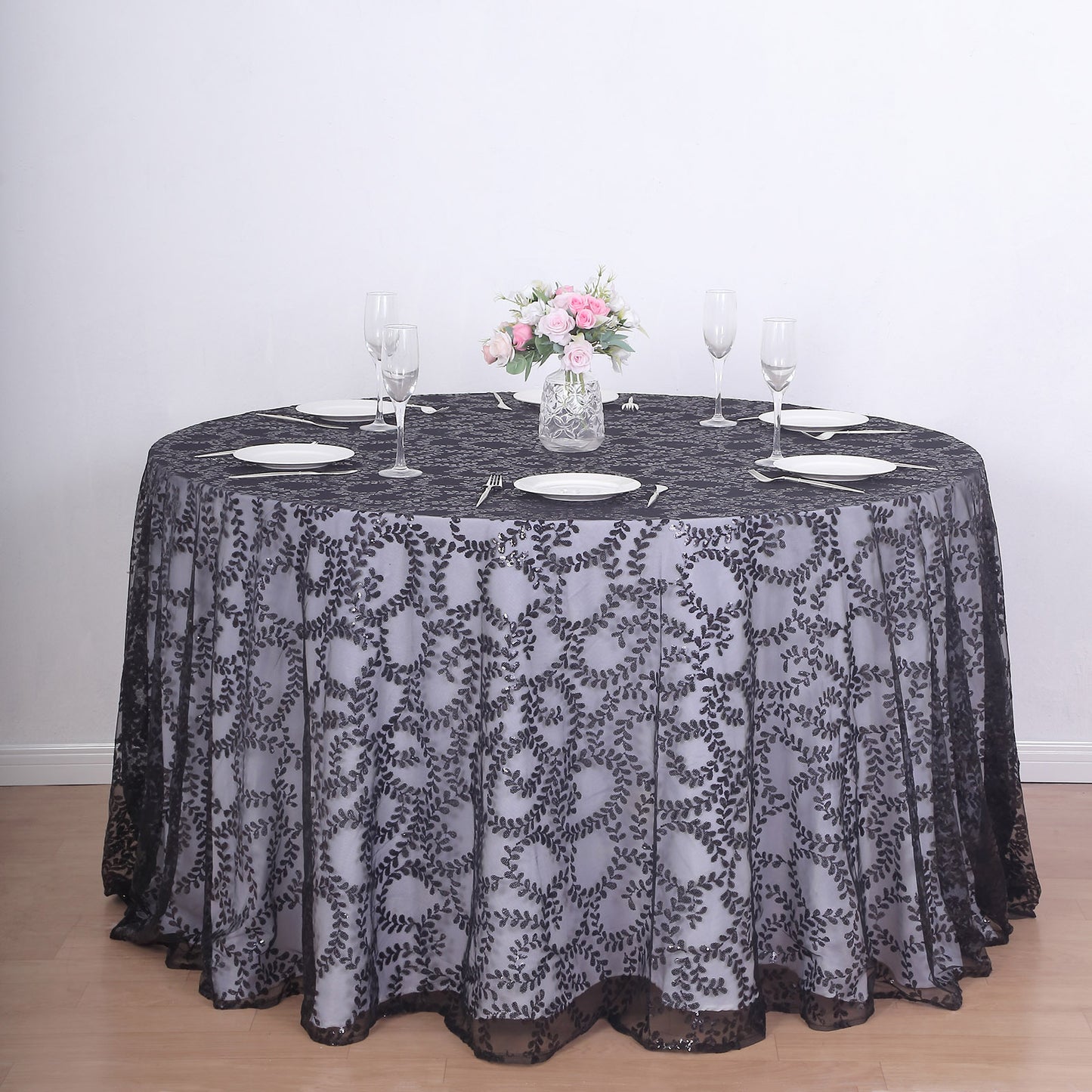 120" Black Sequin Leaf Embroidered Seamless Tulle Round Tablecloth, Sheer Table Overlay