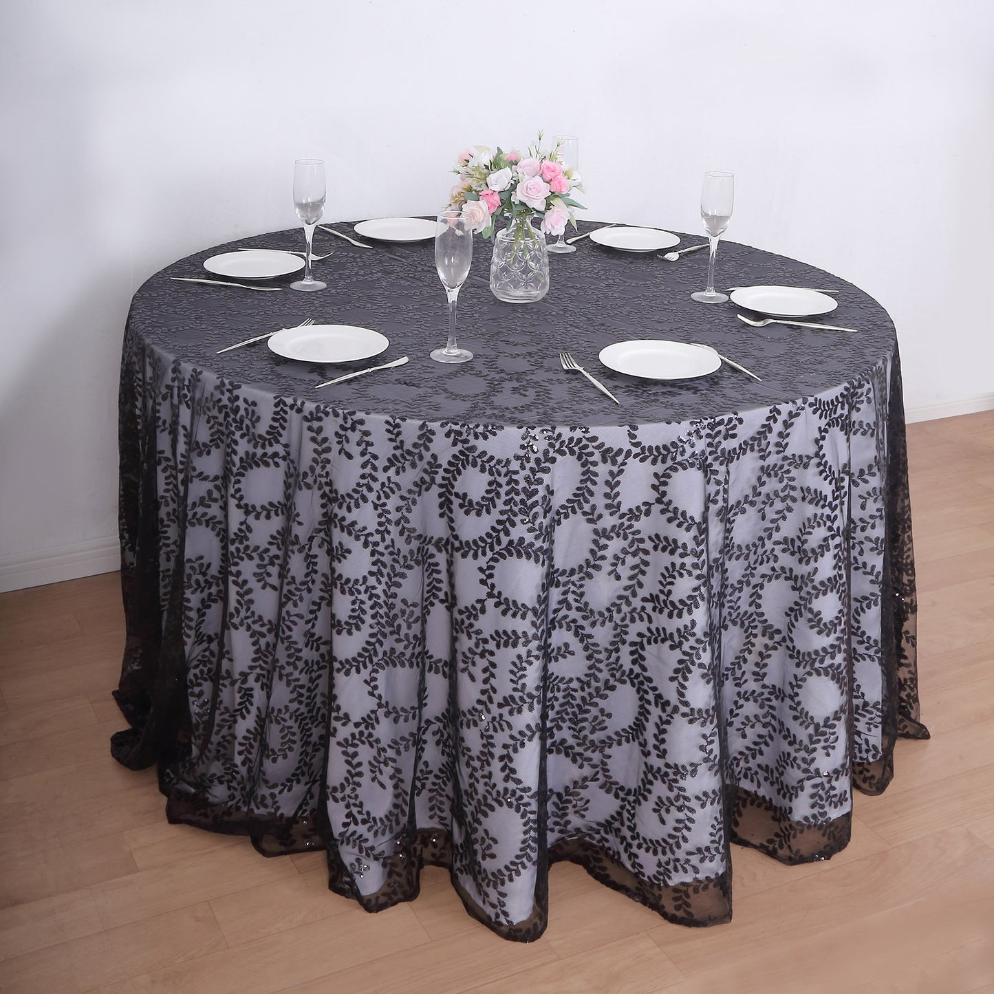 120" Black Sequin Leaf Embroidered Seamless Tulle Round Tablecloth, Sheer Table Overlay