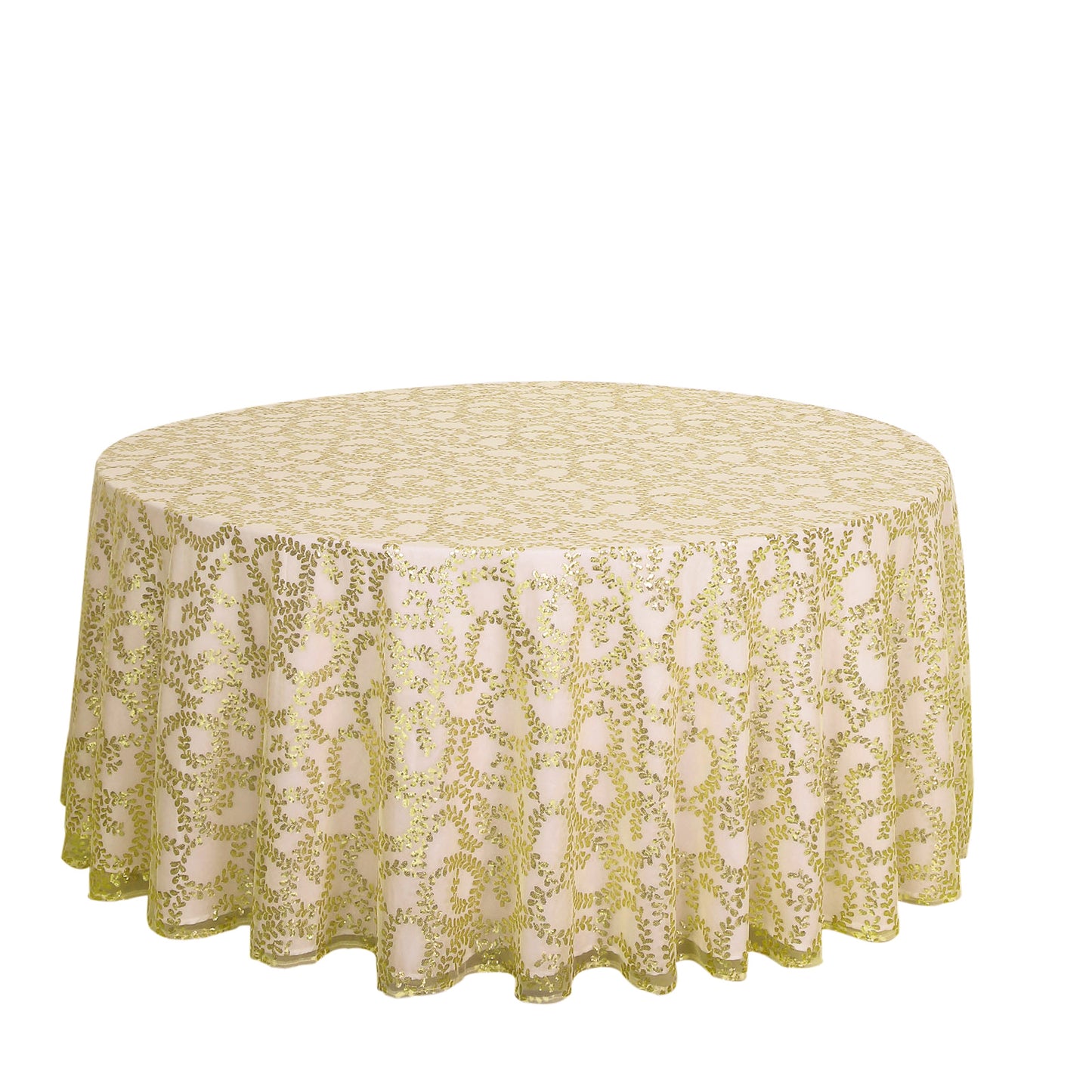 120" Gold Sequin Leaf Embroidered Seamless Tulle Round Tablecloth, Sheer Table Overlay