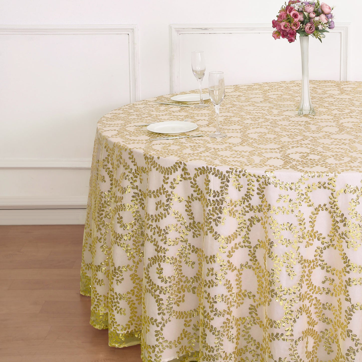 120" Gold Sequin Leaf Embroidered Seamless Tulle Round Tablecloth, Sheer Table Overlay