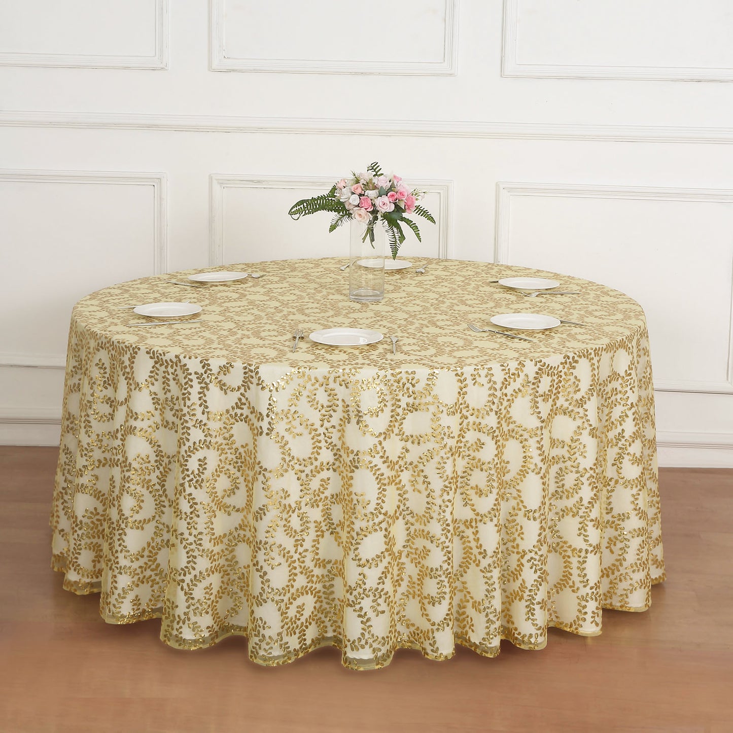 120" Gold Sequin Leaf Embroidered Seamless Tulle Round Tablecloth, Sheer Table Overlay