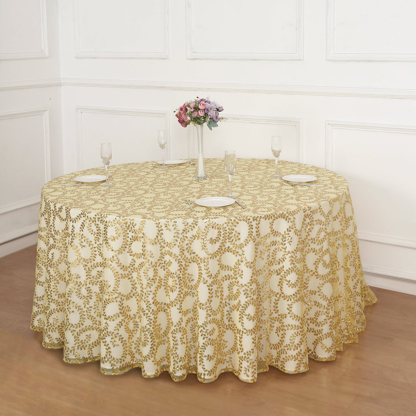 120" Gold Sequin Leaf Embroidered Seamless Tulle Round Tablecloth, Sheer Table Overlay
