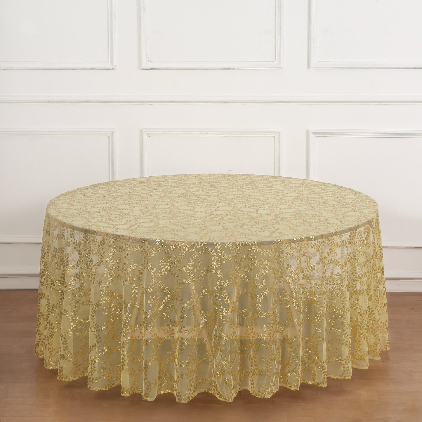 120" Gold Sequin Leaf Embroidered Seamless Tulle Round Tablecloth, Sheer Table Overlay
