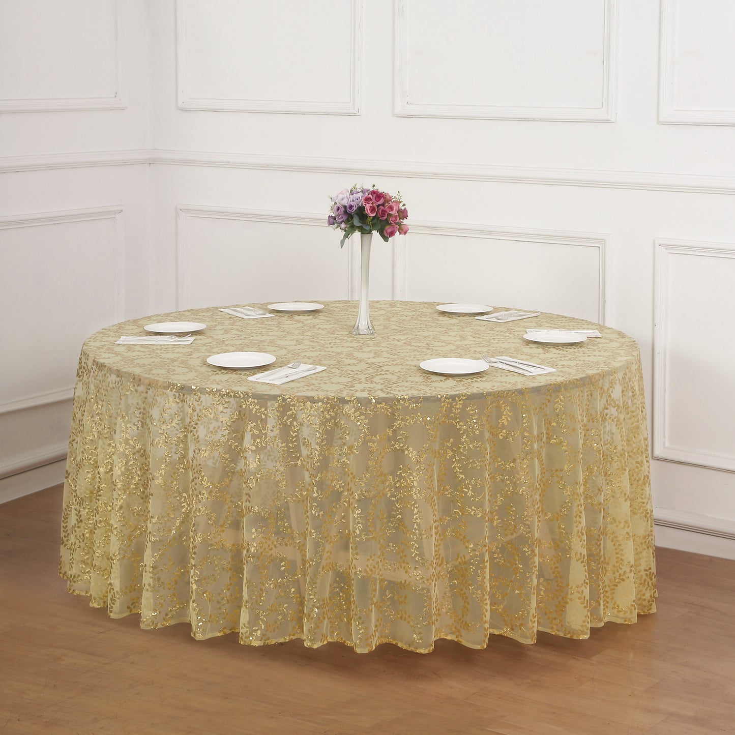 120" Gold Sequin Leaf Embroidered Seamless Tulle Round Tablecloth, Sheer Table Overlay