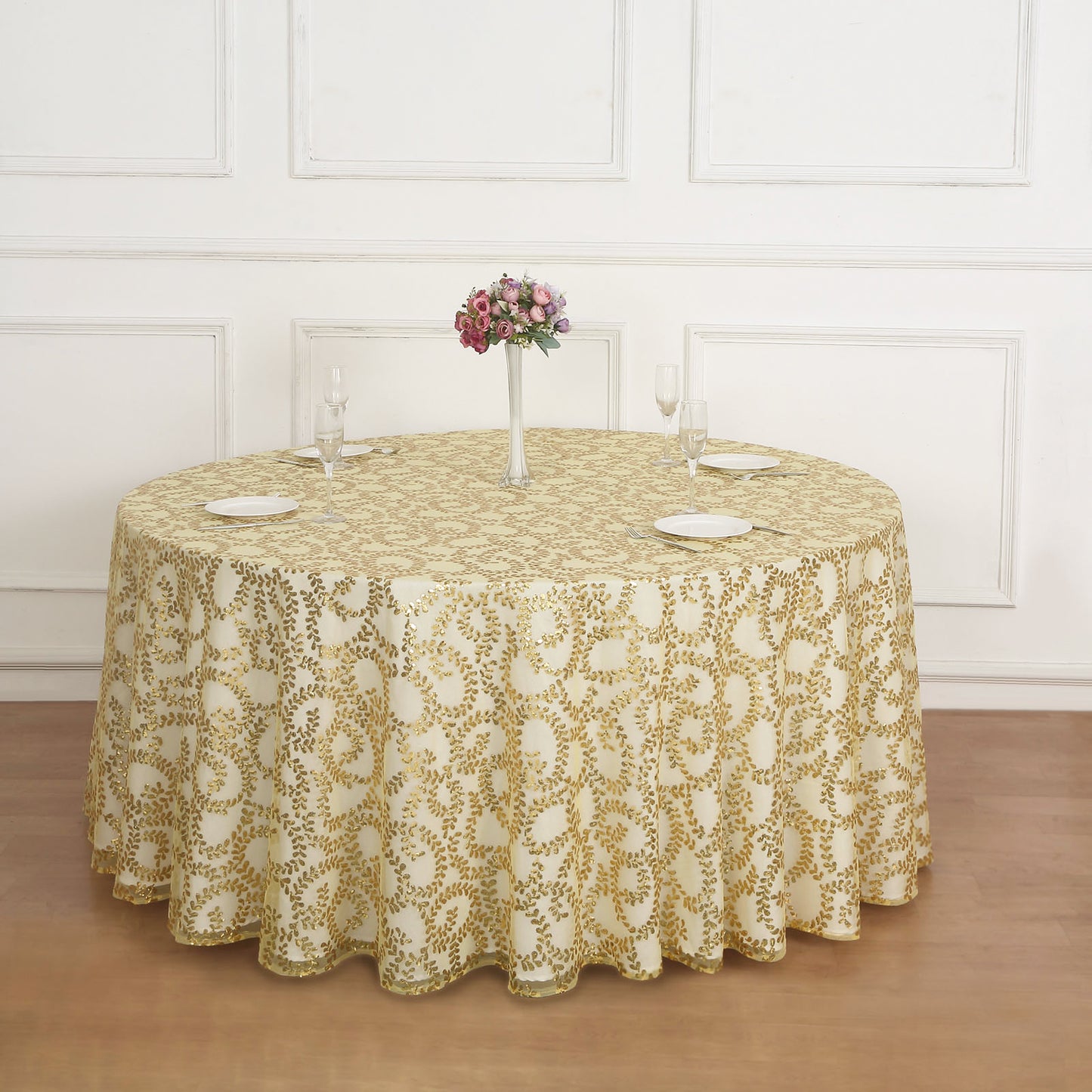 120" Gold Sequin Leaf Embroidered Seamless Tulle Round Tablecloth, Sheer Table Overlay