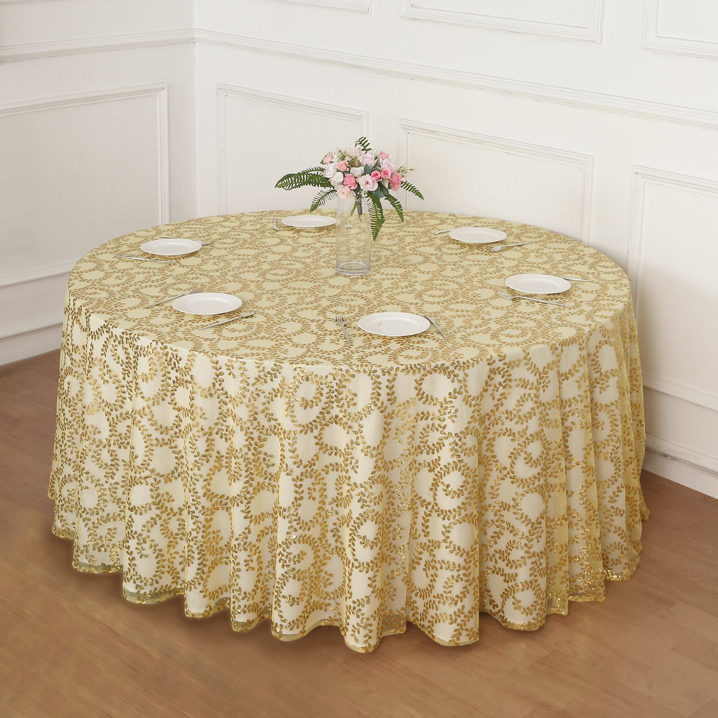 120" Gold Sequin Leaf Embroidered Seamless Tulle Round Tablecloth, Sheer Table Overlay
