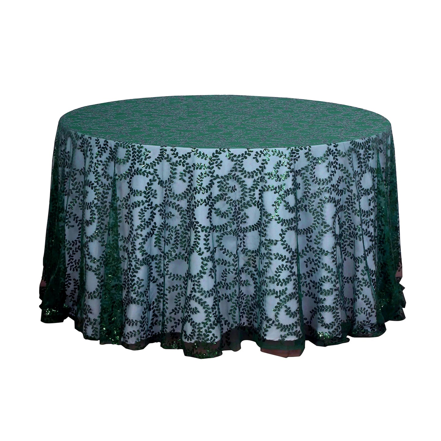 120" Hunter Emerald Green Sequin Leaf Embroidered Seamless Tulle Round Tablecloth, Sheer Table Overlay