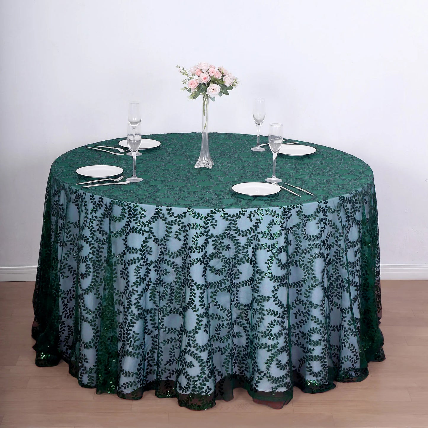 120" Hunter Emerald Green Sequin Leaf Embroidered Seamless Tulle Round Tablecloth, Sheer Table Overlay