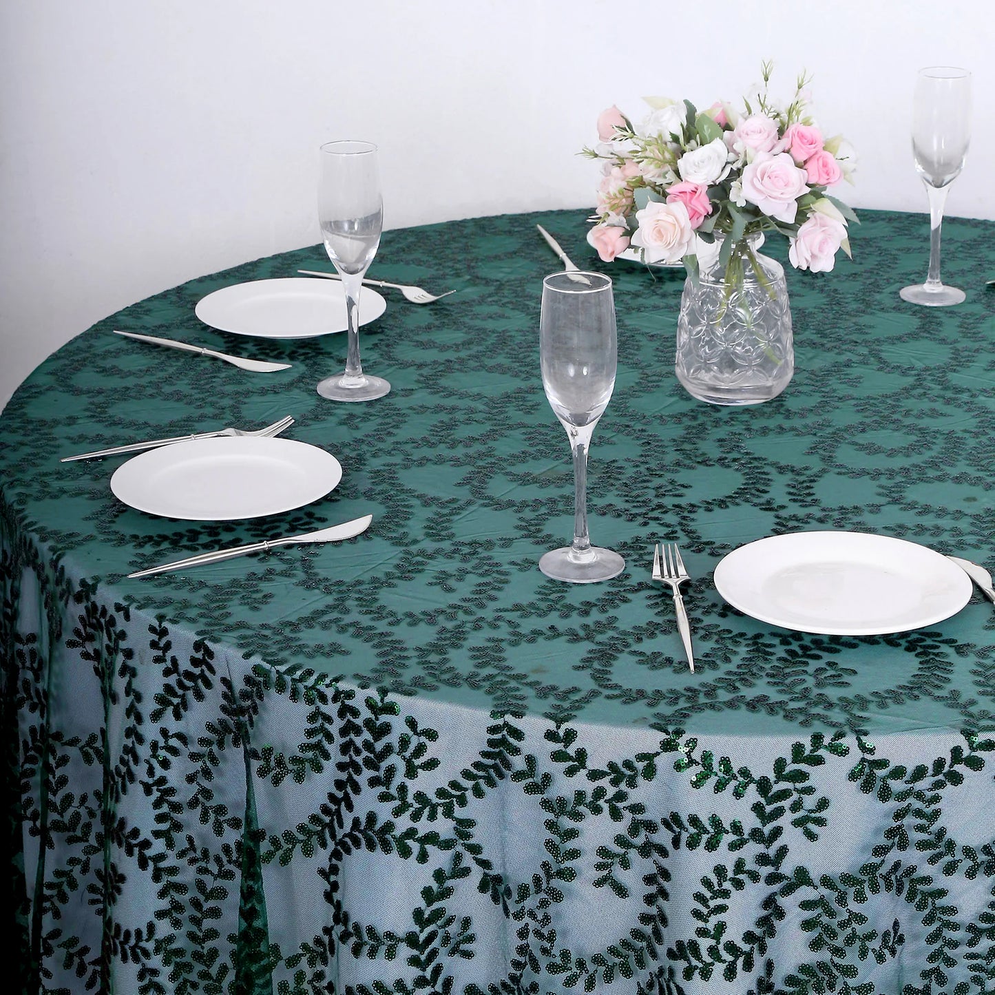 120" Hunter Emerald Green Sequin Leaf Embroidered Seamless Tulle Round Tablecloth, Sheer Table Overlay