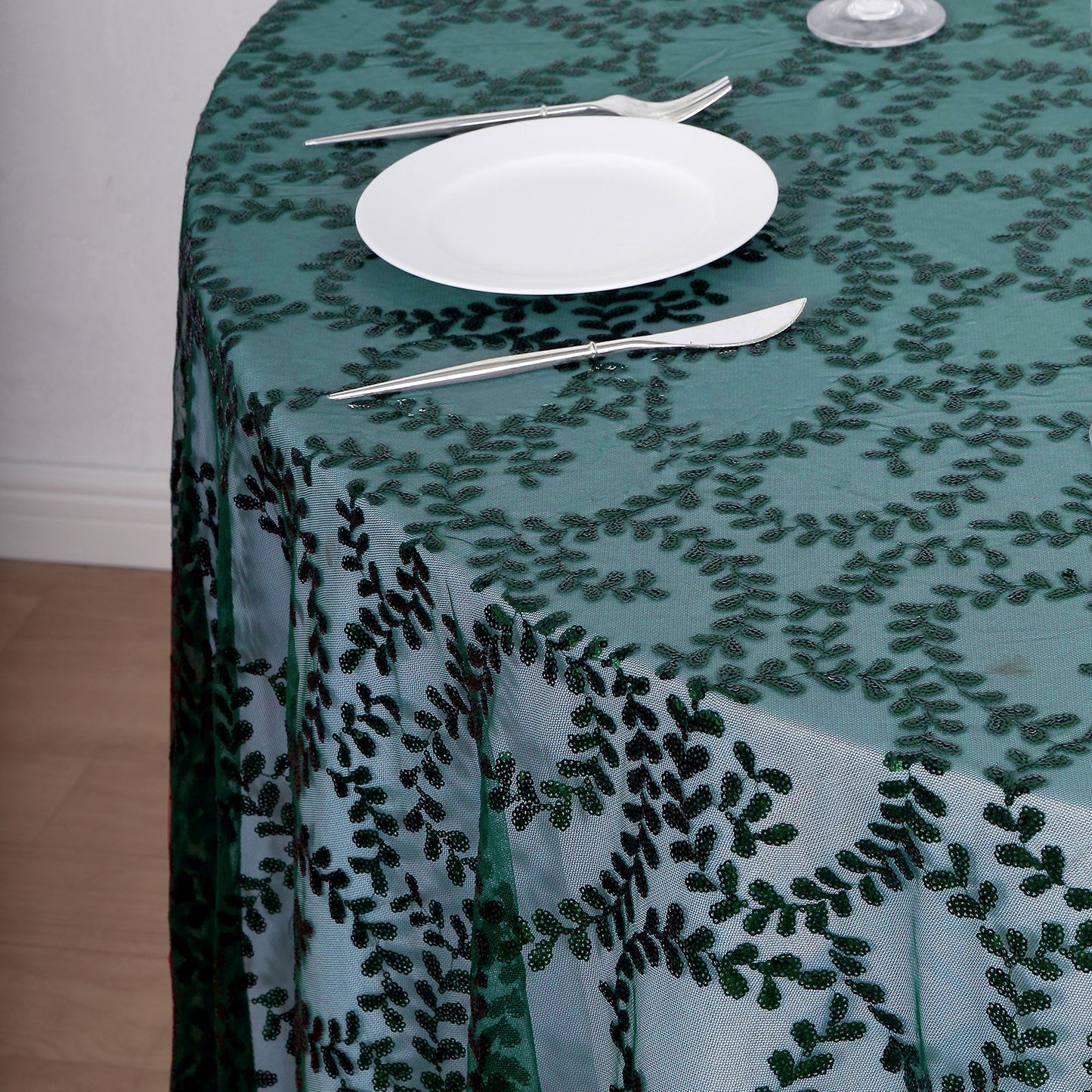 120" Hunter Emerald Green Sequin Leaf Embroidered Seamless Tulle Round Tablecloth, Sheer Table Overlay