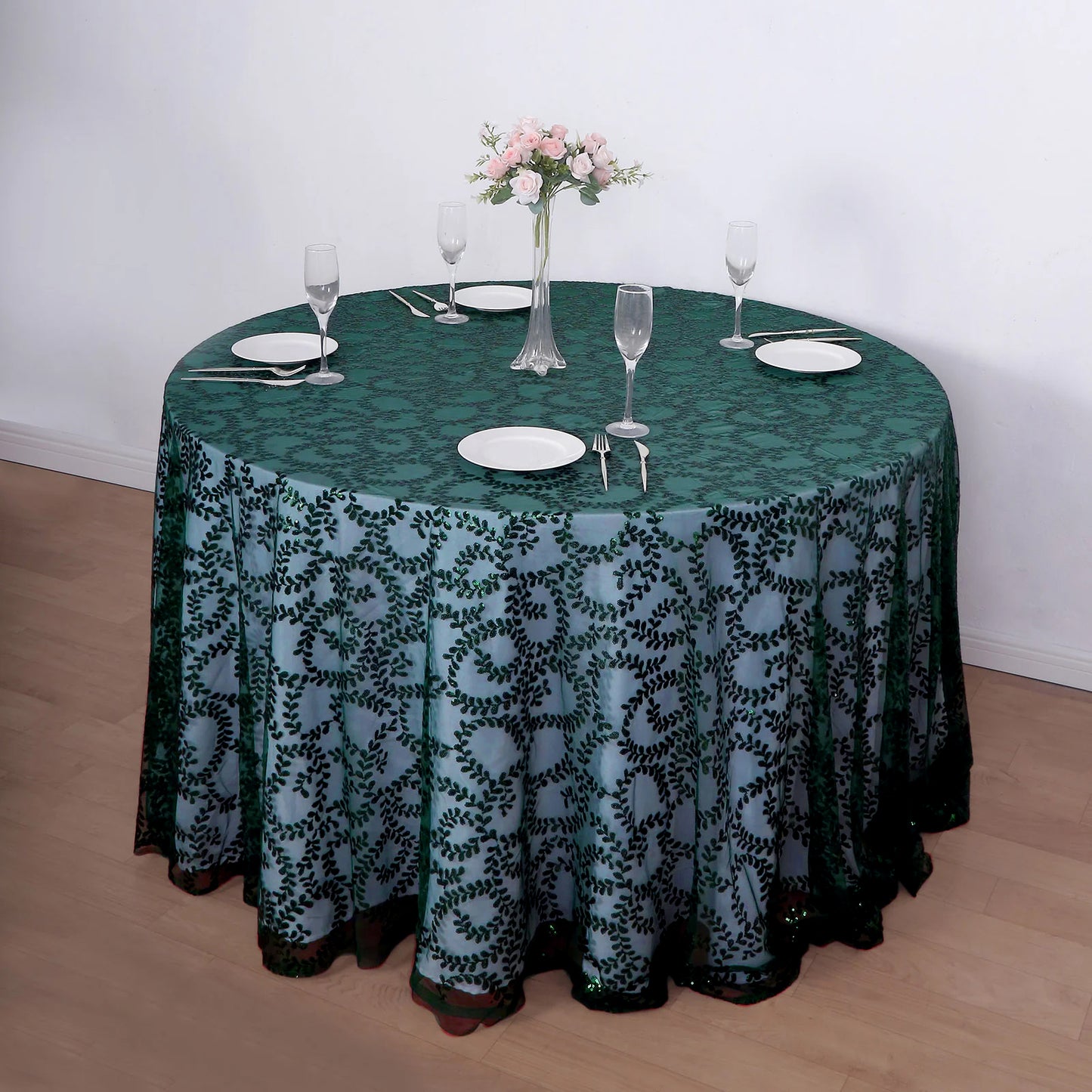 120" Hunter Emerald Green Sequin Leaf Embroidered Seamless Tulle Round Tablecloth, Sheer Table Overlay