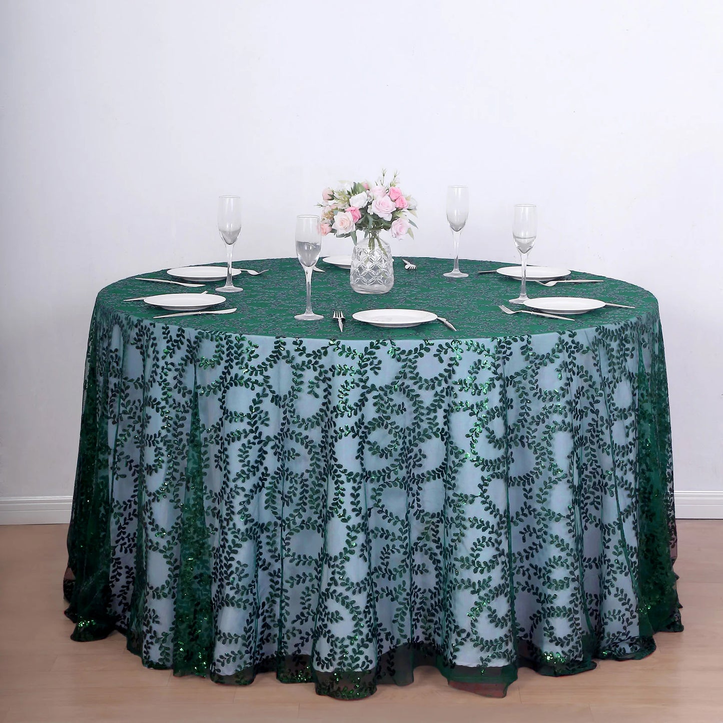 120" Hunter Emerald Green Sequin Leaf Embroidered Seamless Tulle Round Tablecloth, Sheer Table Overlay