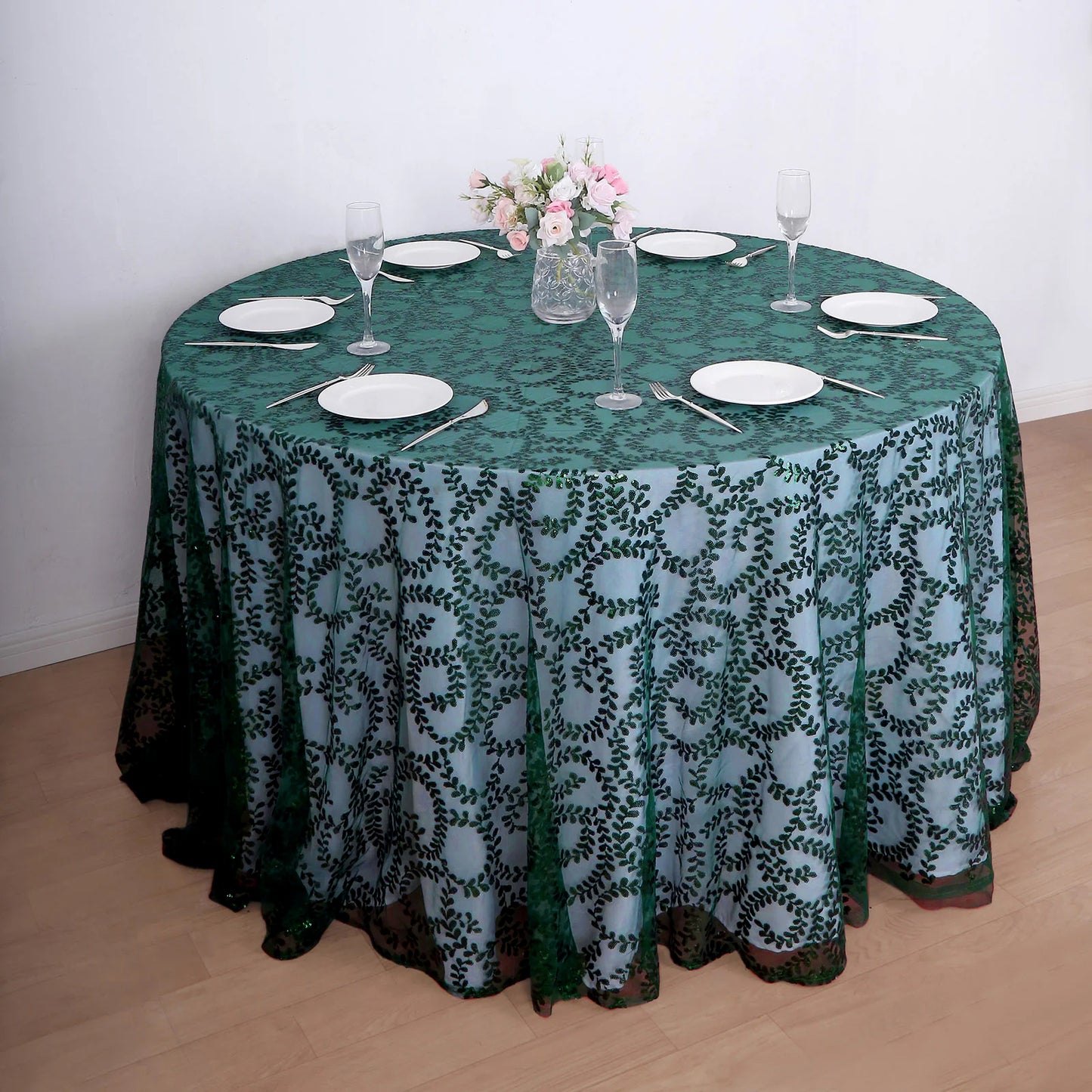 120" Hunter Emerald Green Sequin Leaf Embroidered Seamless Tulle Round Tablecloth, Sheer Table Overlay