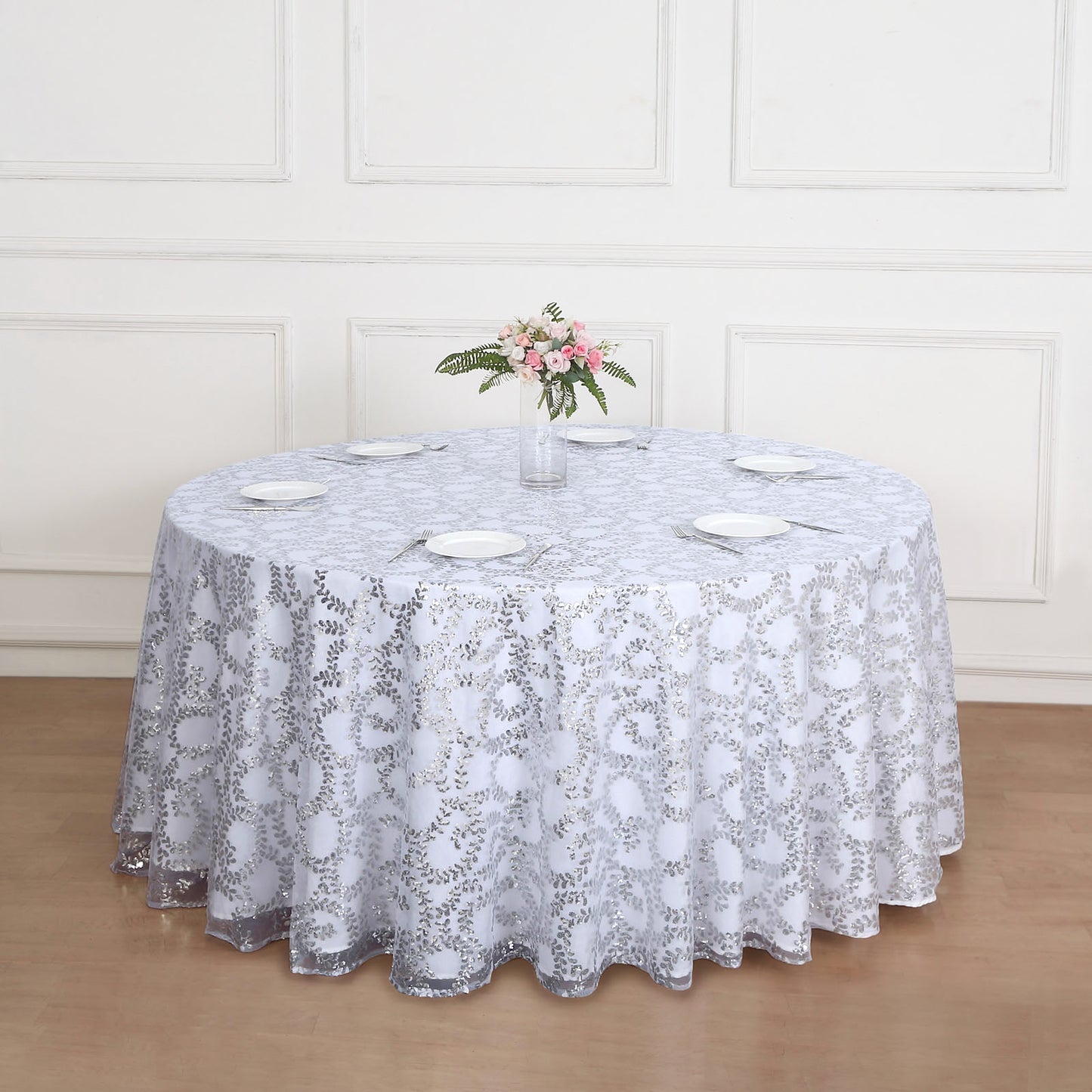 120" Silver Sequin Leaf Embroidered Seamless Tulle Round Tablecloth, Sheer Table Overlay