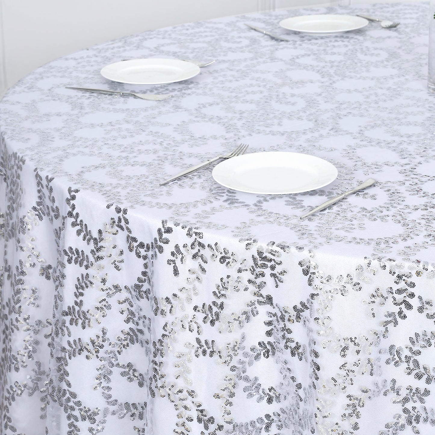 120" Silver Sequin Leaf Embroidered Seamless Tulle Round Tablecloth, Sheer Table Overlay