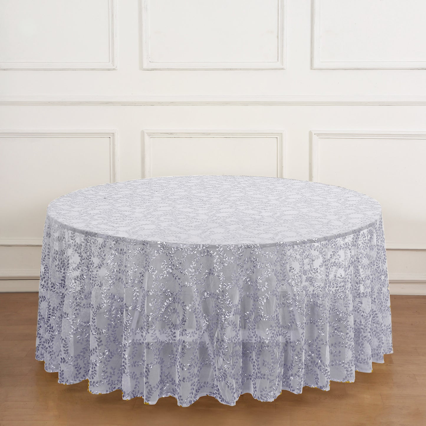 120" Silver Sequin Leaf Embroidered Seamless Tulle Round Tablecloth, Sheer Table Overlay