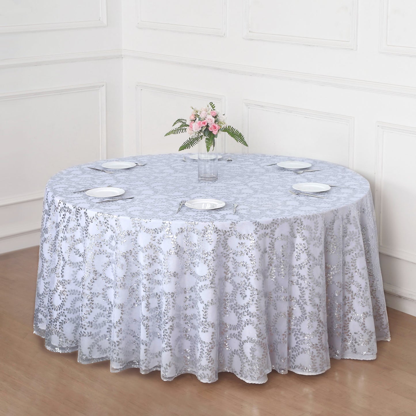 120" Silver Sequin Leaf Embroidered Seamless Tulle Round Tablecloth, Sheer Table Overlay