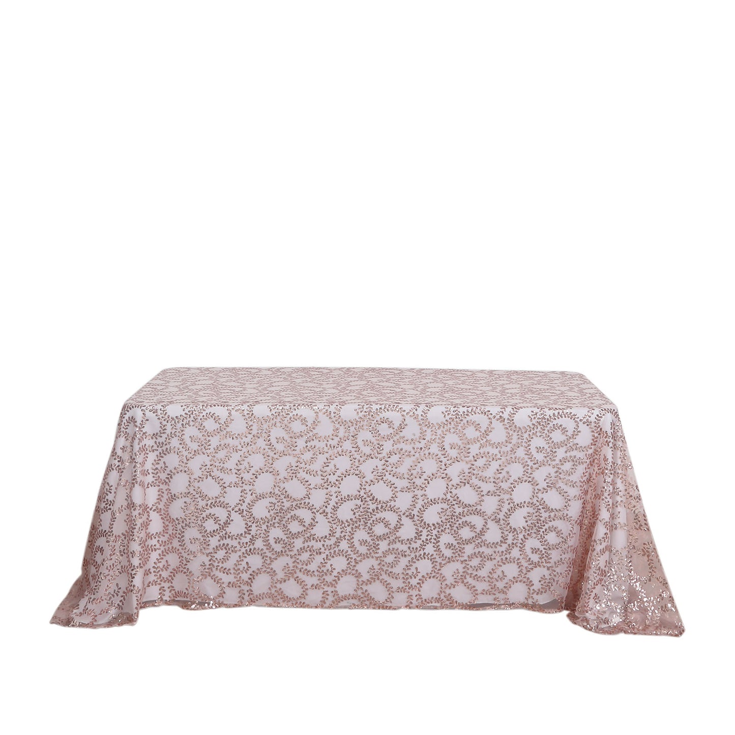 90"x156" Rose Gold Sequin Leaf Embroidered Tulle Rectangular Tablecloth