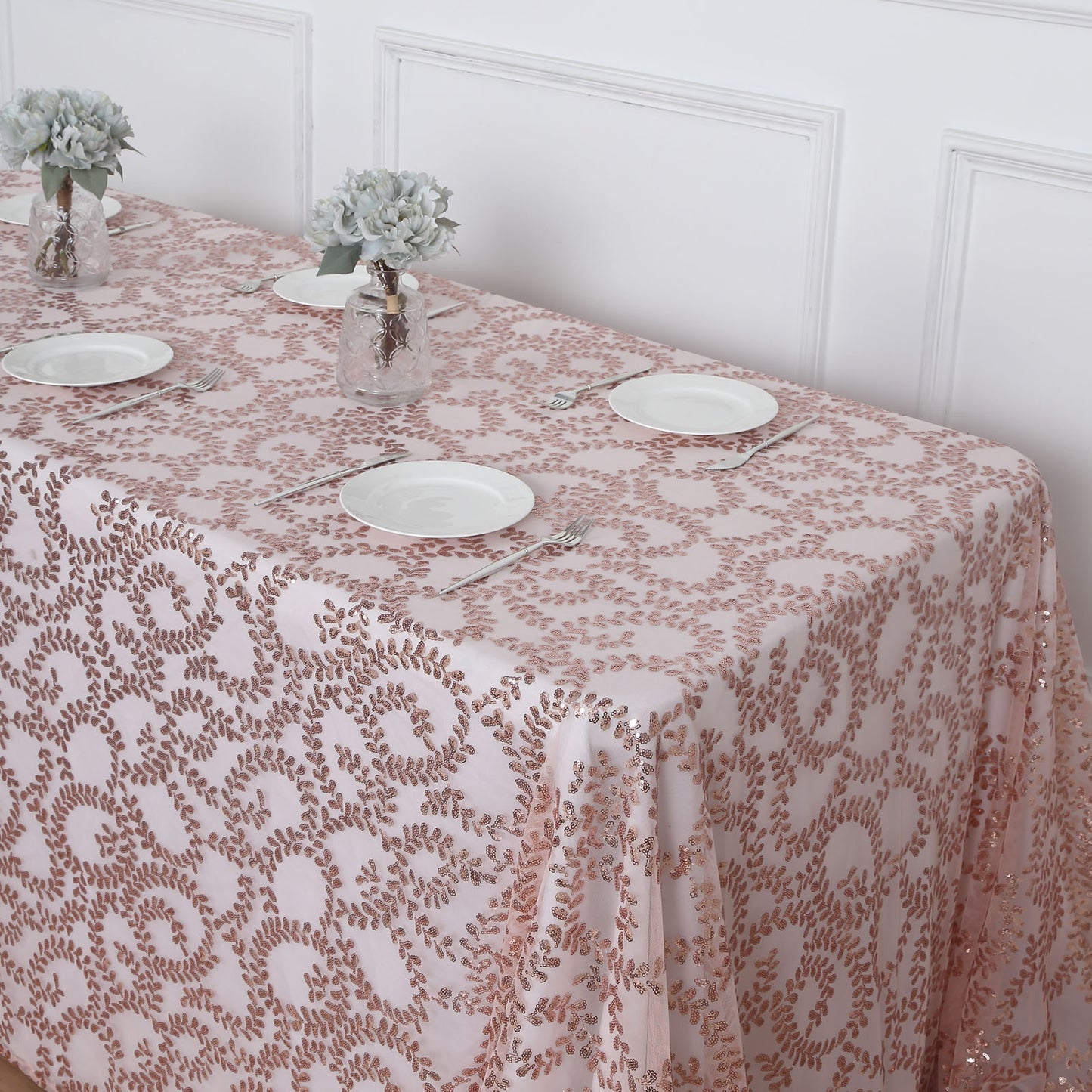 90"x156" Rose Gold Sequin Leaf Embroidered Tulle Rectangular Tablecloth