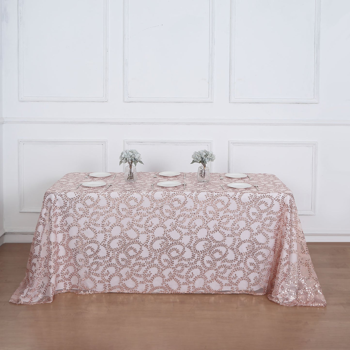 90"x156" Rose Gold Sequin Leaf Embroidered Tulle Rectangular Tablecloth