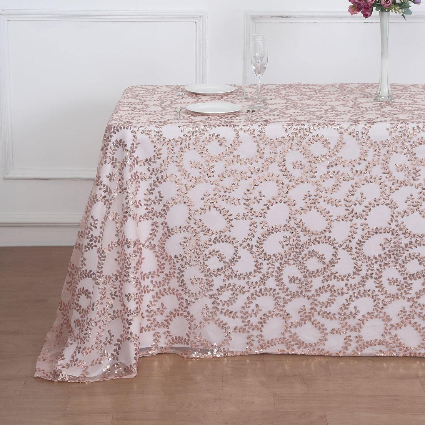 90"x156" Rose Gold Sequin Leaf Embroidered Tulle Rectangular Tablecloth